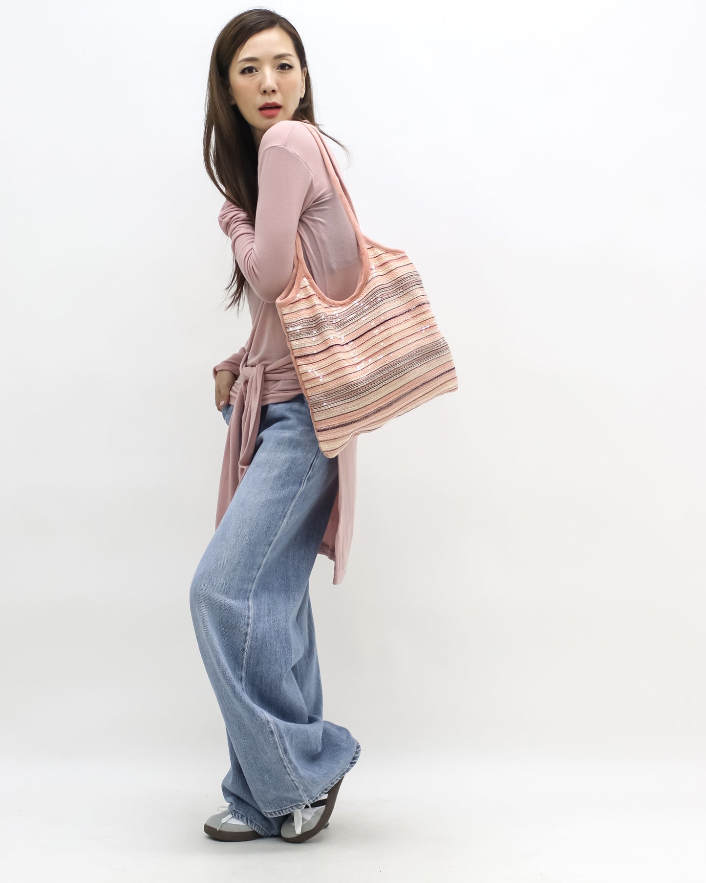 peach pink sequins w/ suede tote bag *pre-order*