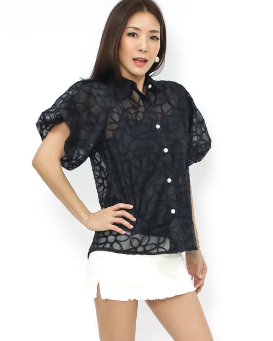 black crochet shirt w/ slip vest