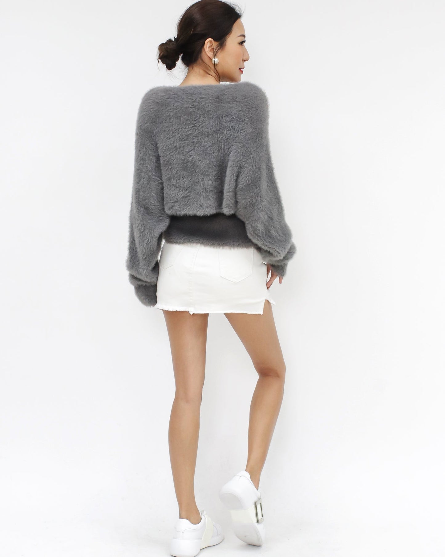 Grey cami & arm warmer fluffy knitted top set