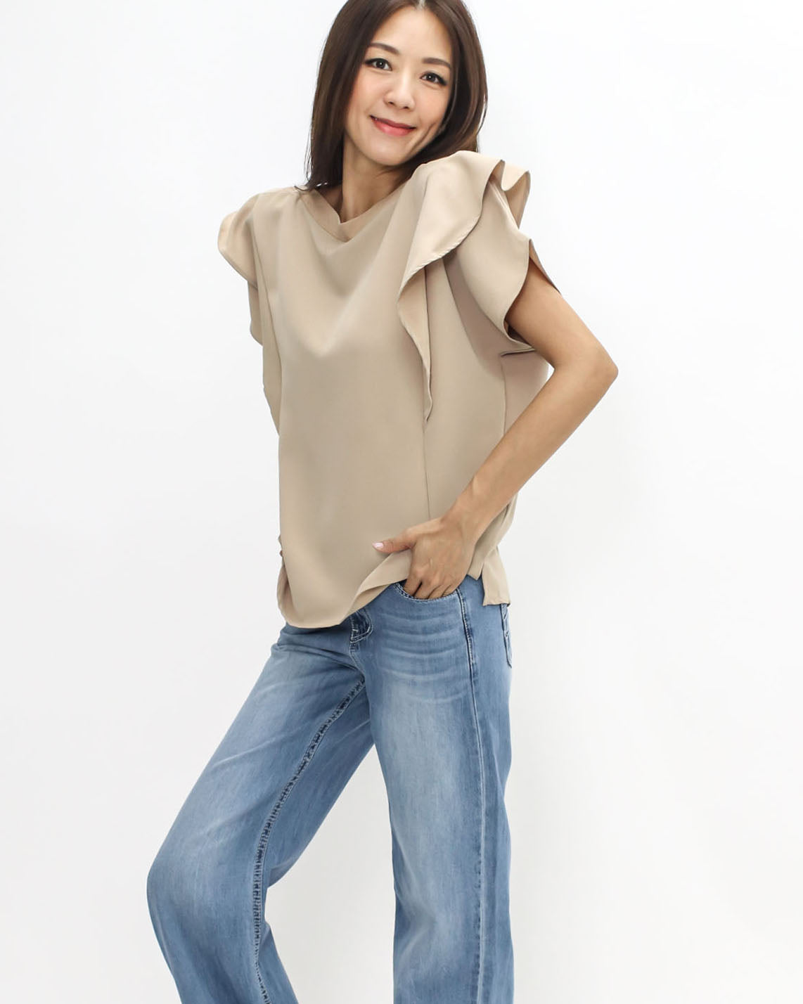 beige ruffles sleeve slinky top