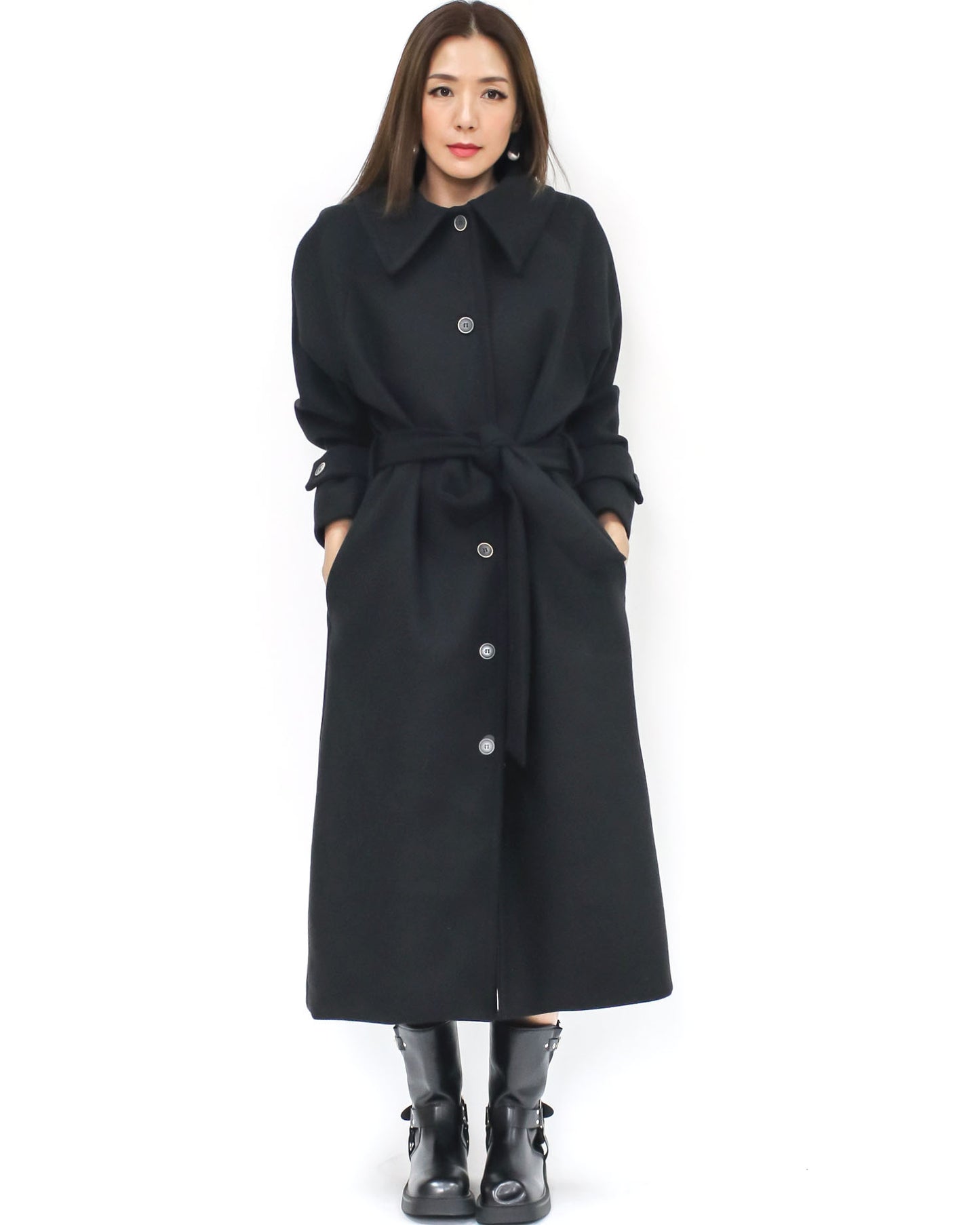 black wool blended longline jacket w/ wrap belt – STYLEGAL