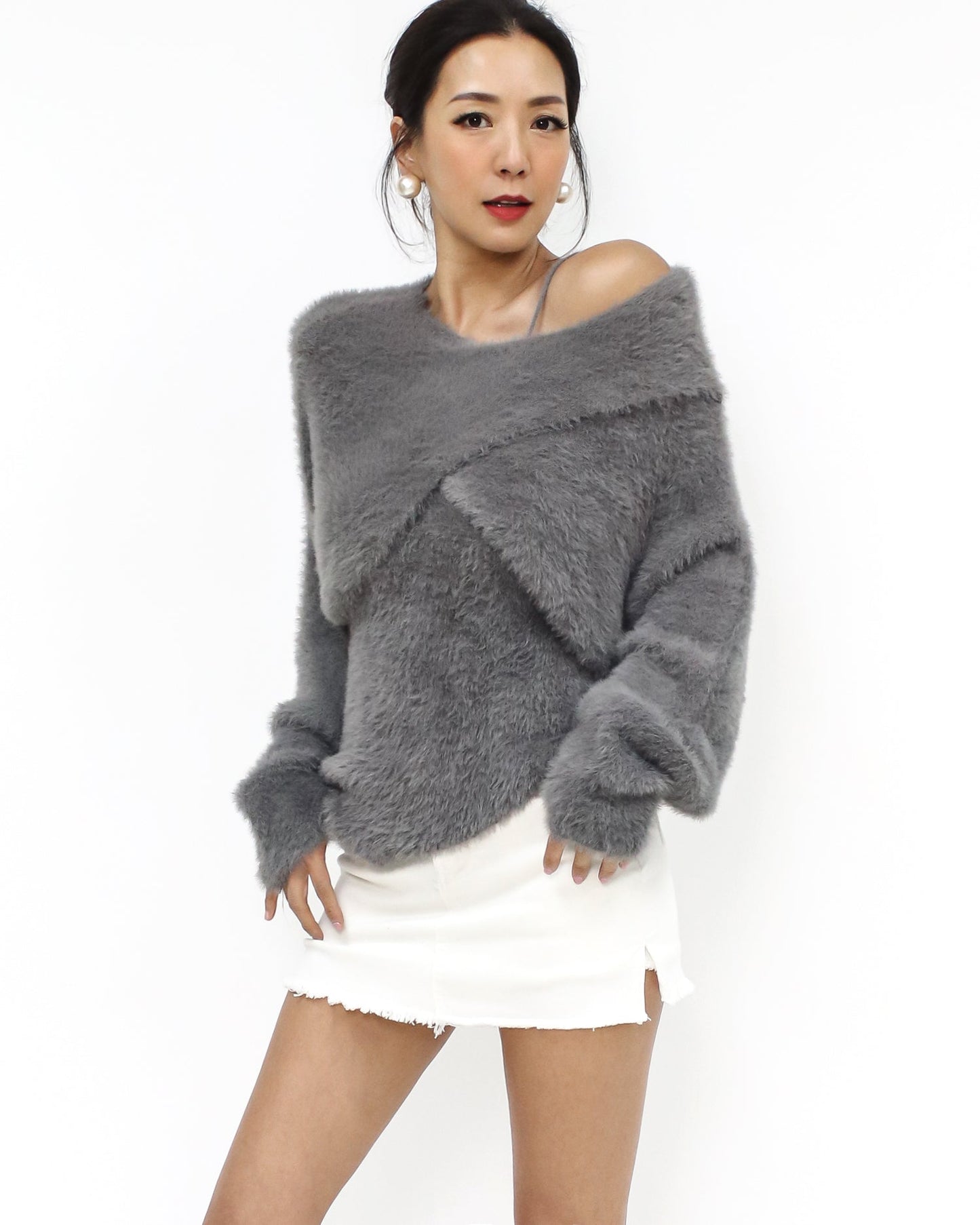 Grey cami & arm warmer fluffy knitted top set