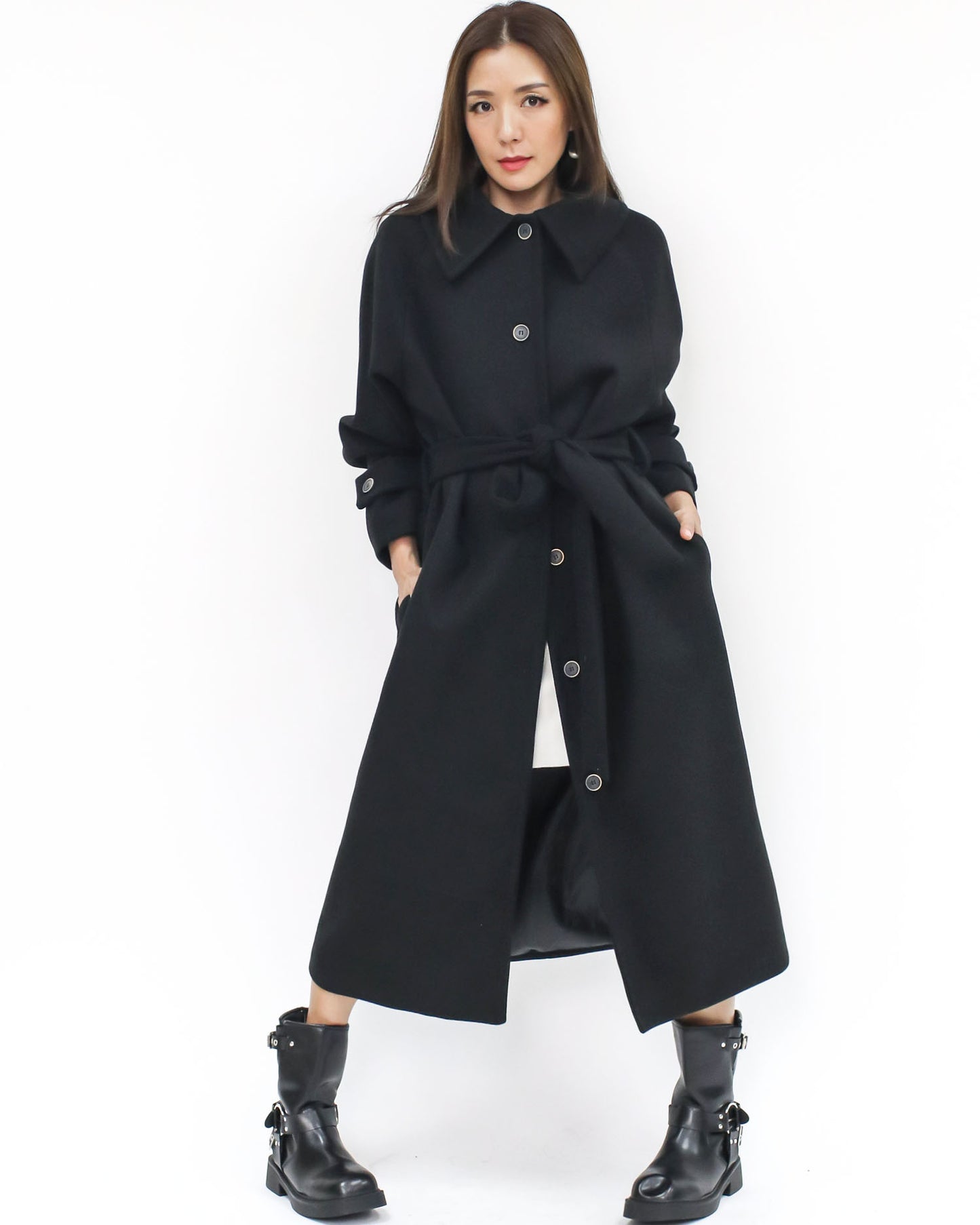 black wool blended longline jacket w/ wrap belt – STYLEGAL