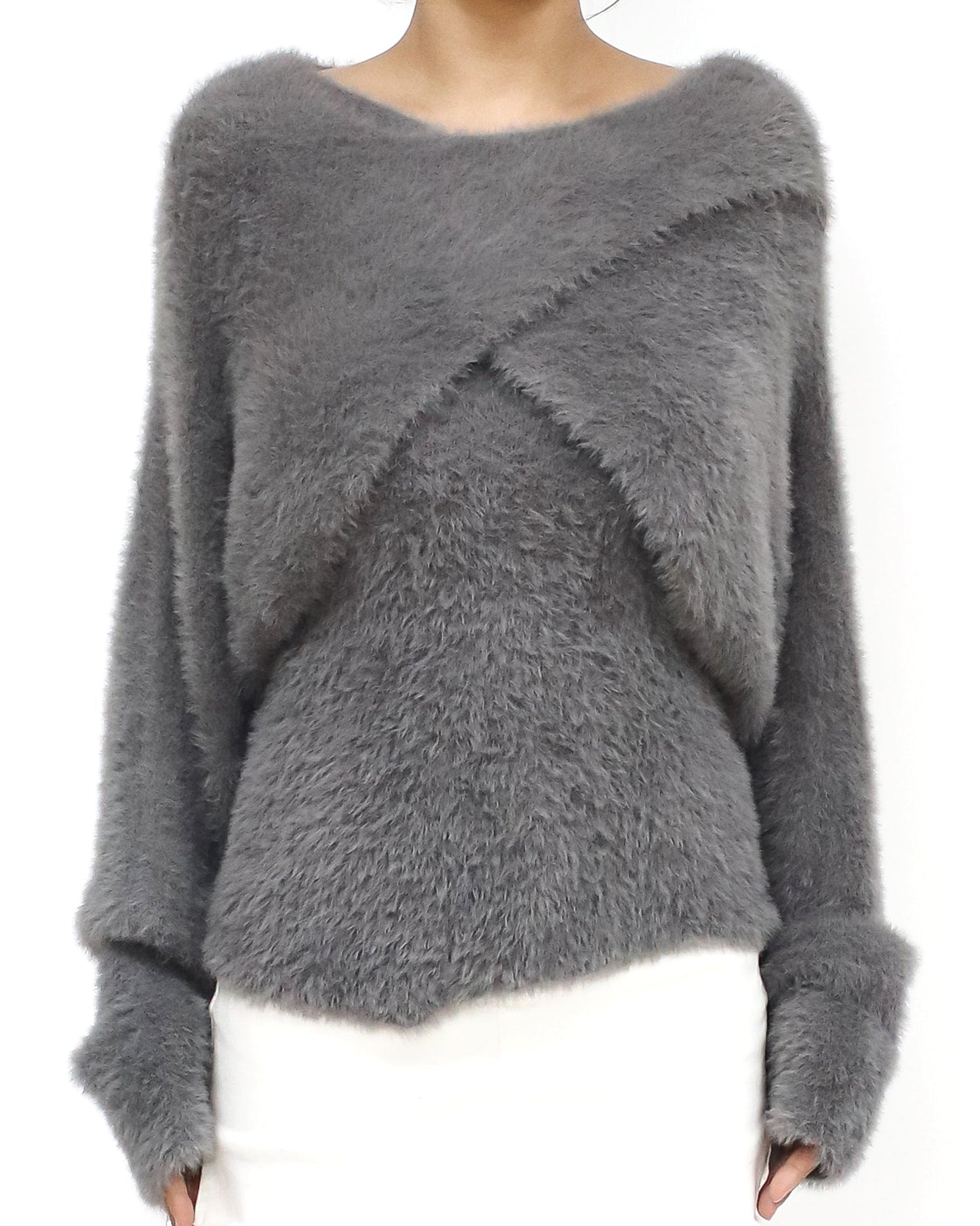 Grey cami & arm warmer fluffy knitted top set