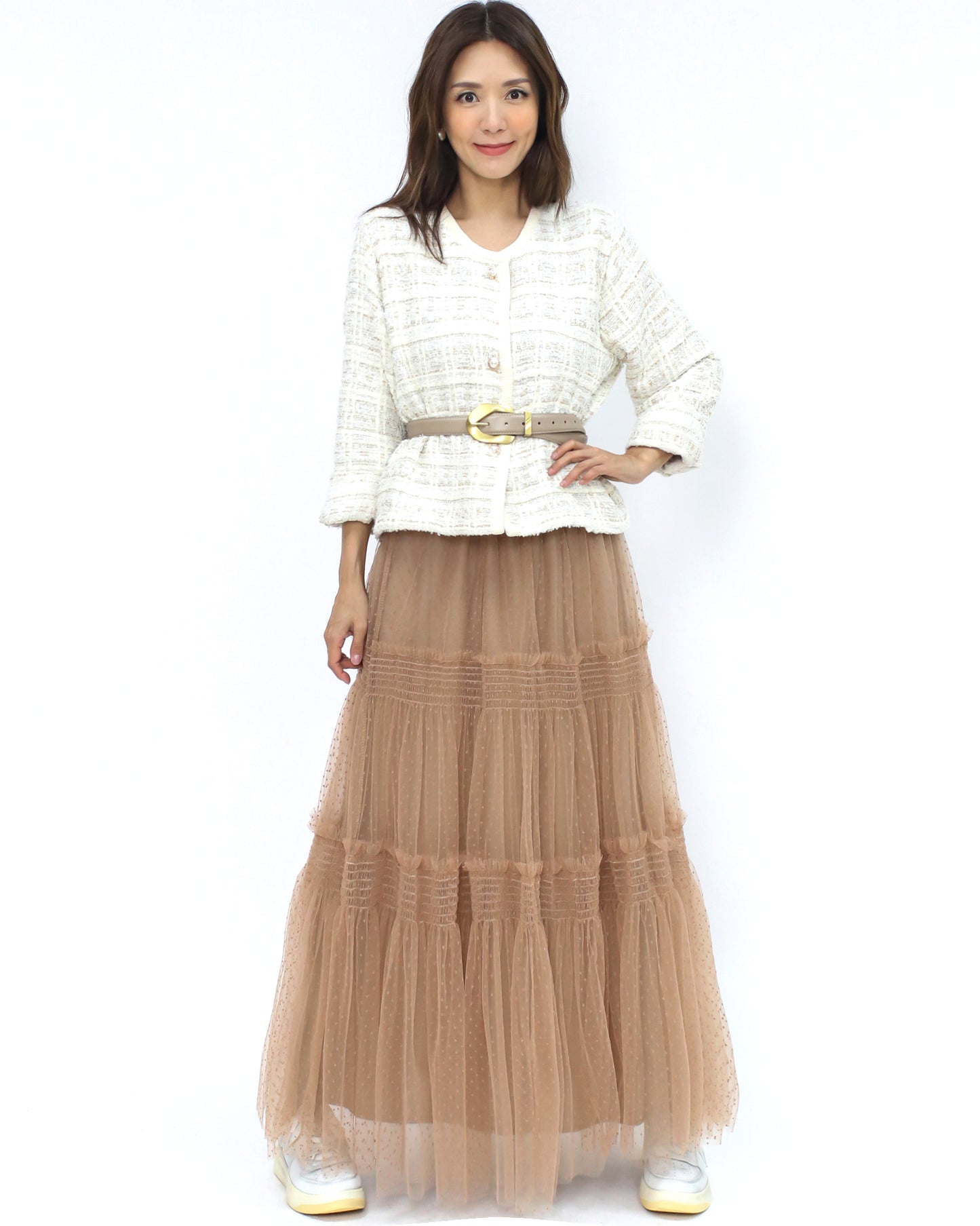 beige mesh polka dot longline skirt