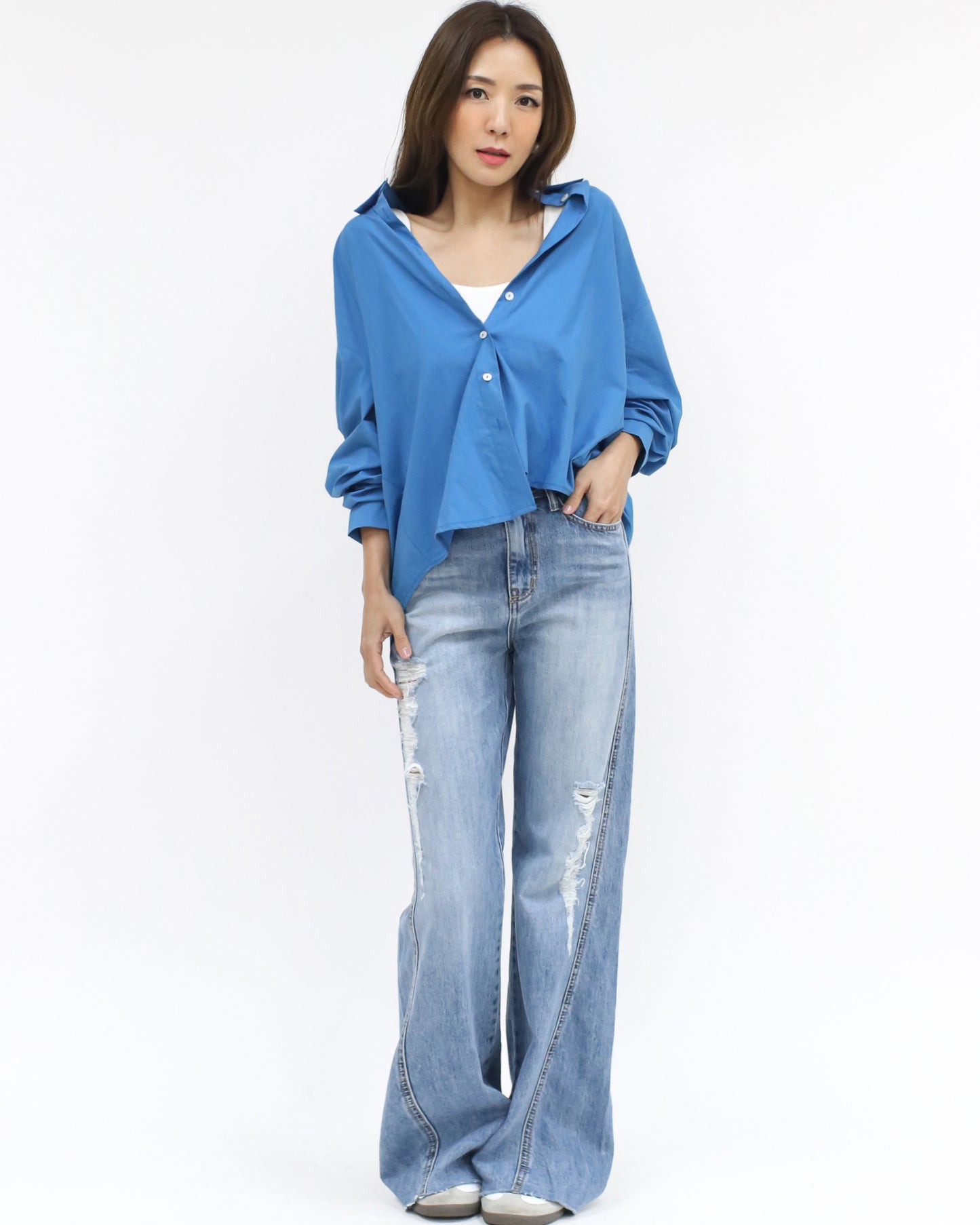 cobalt blue pleats back shirt *pre-order*