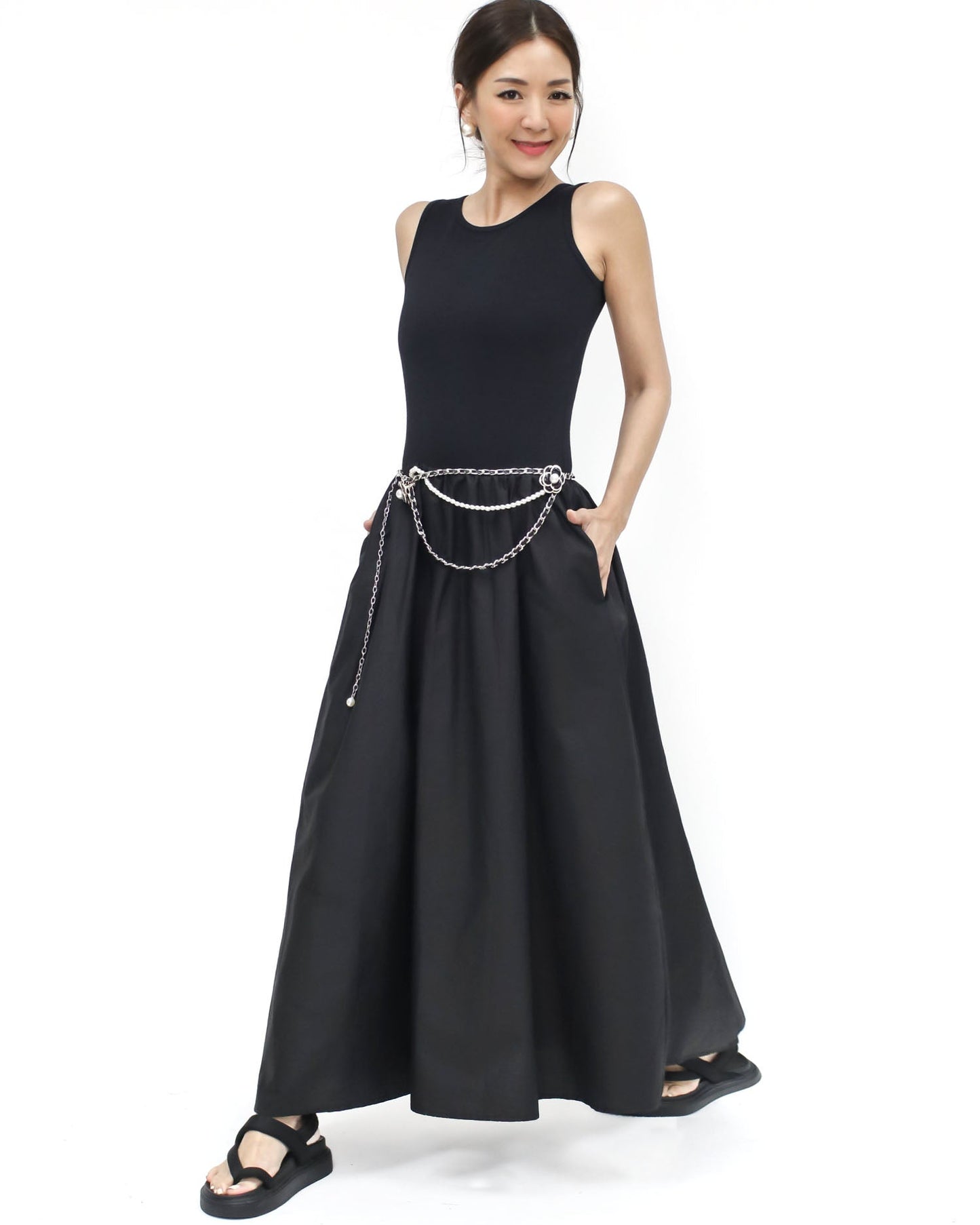 black vest w/ texture flare longline dress