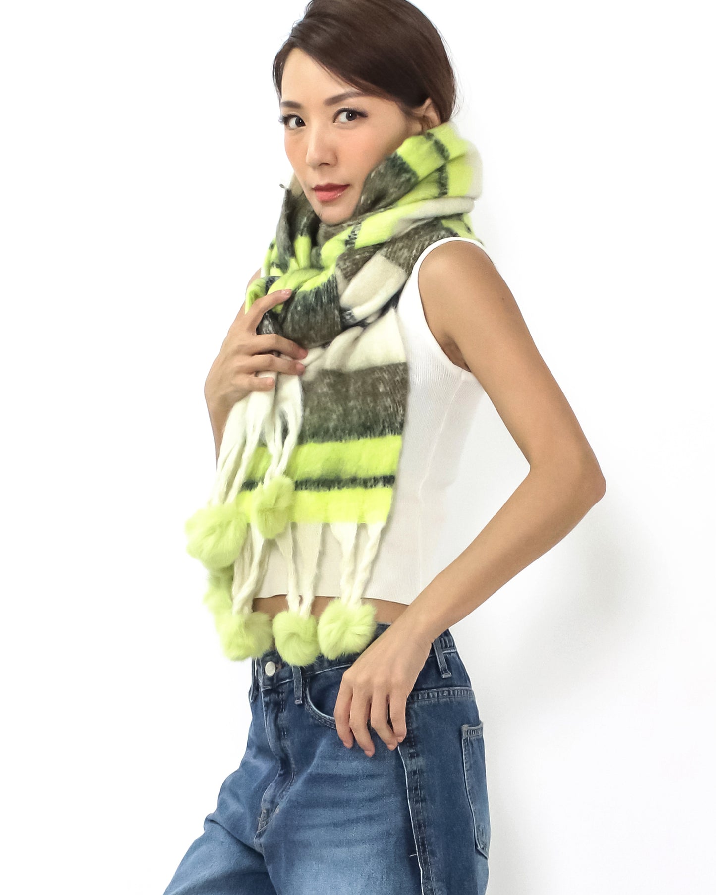 ivory & neon green w/ balls mohair knitted scarf *pre-order*