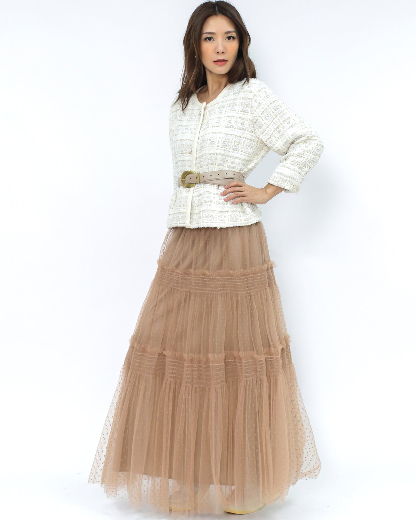 beige mesh polka dot longline skirt