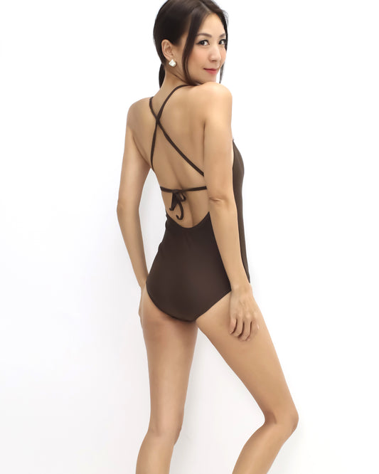 brown tie-up back one pieces swimwear *pre-order*