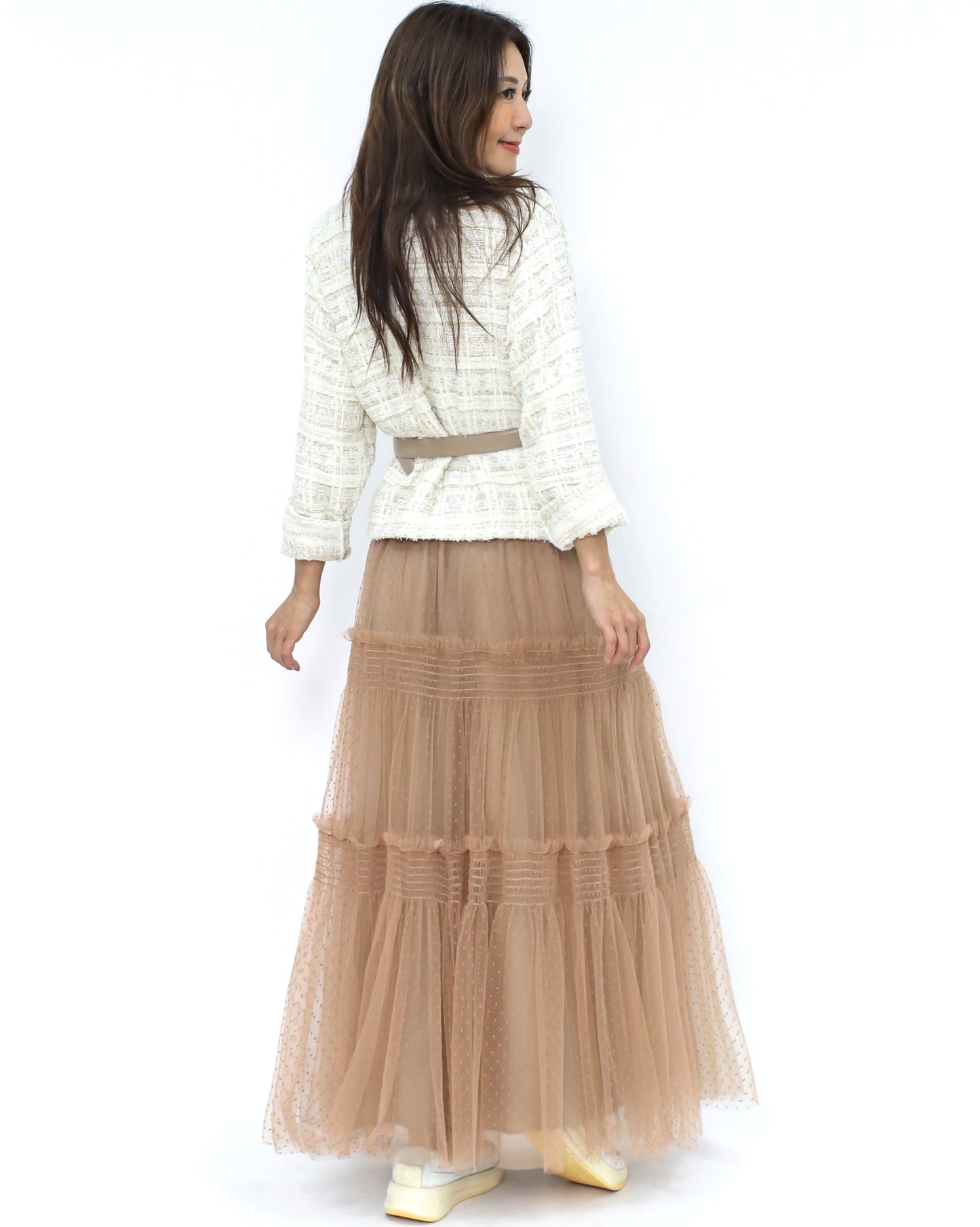 beige mesh polka dot longline skirt