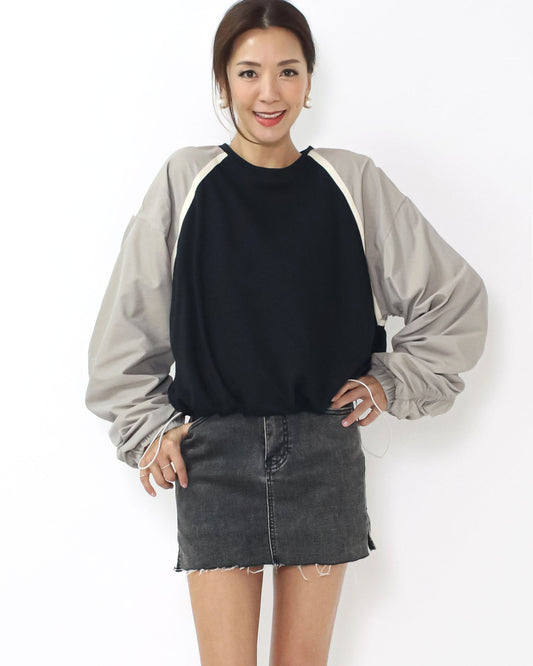 black w/ beige tech ruched sleeves sweatshirt *pre-order*