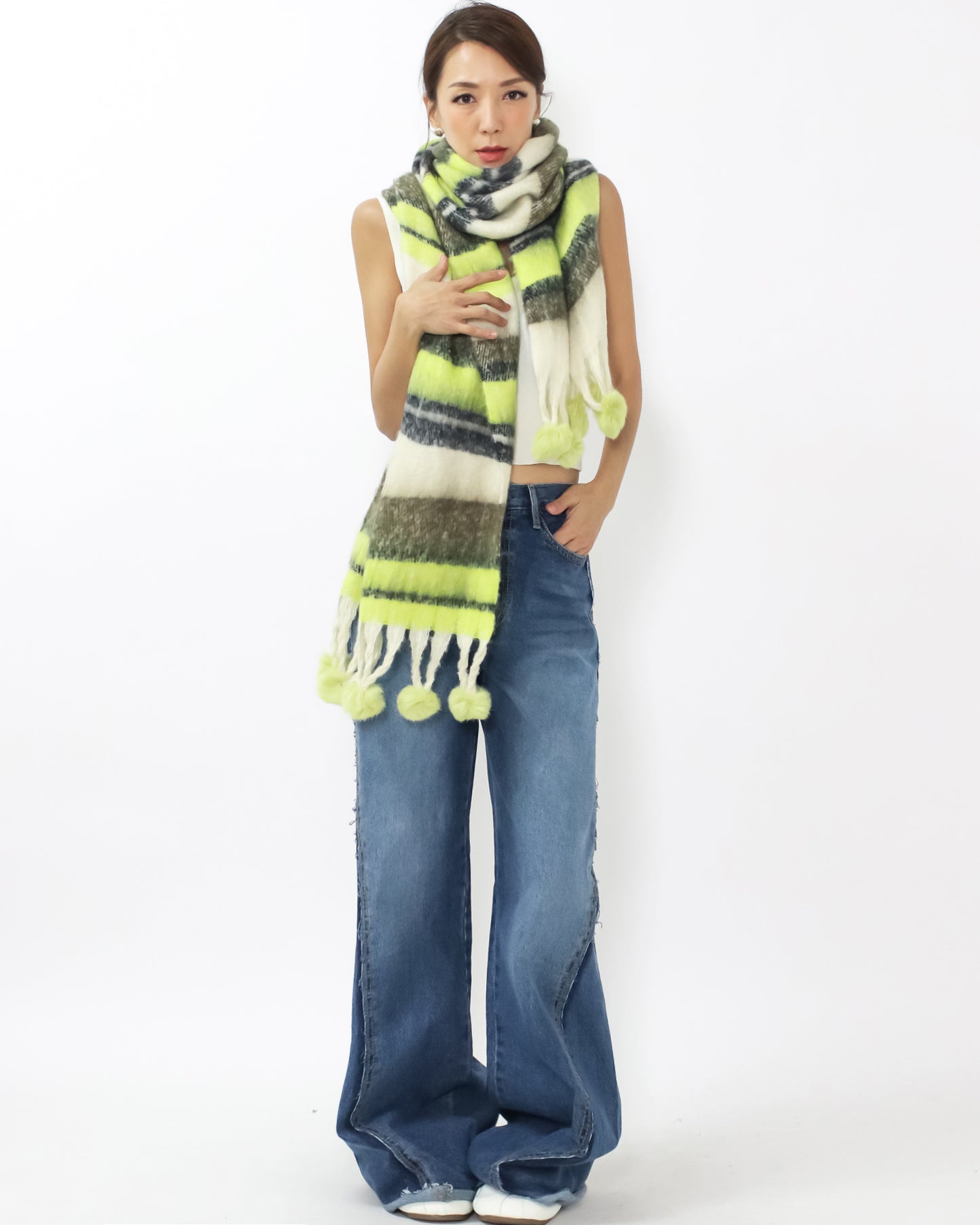 ivory & neon green w/ balls mohair knitted scarf *pre-order*