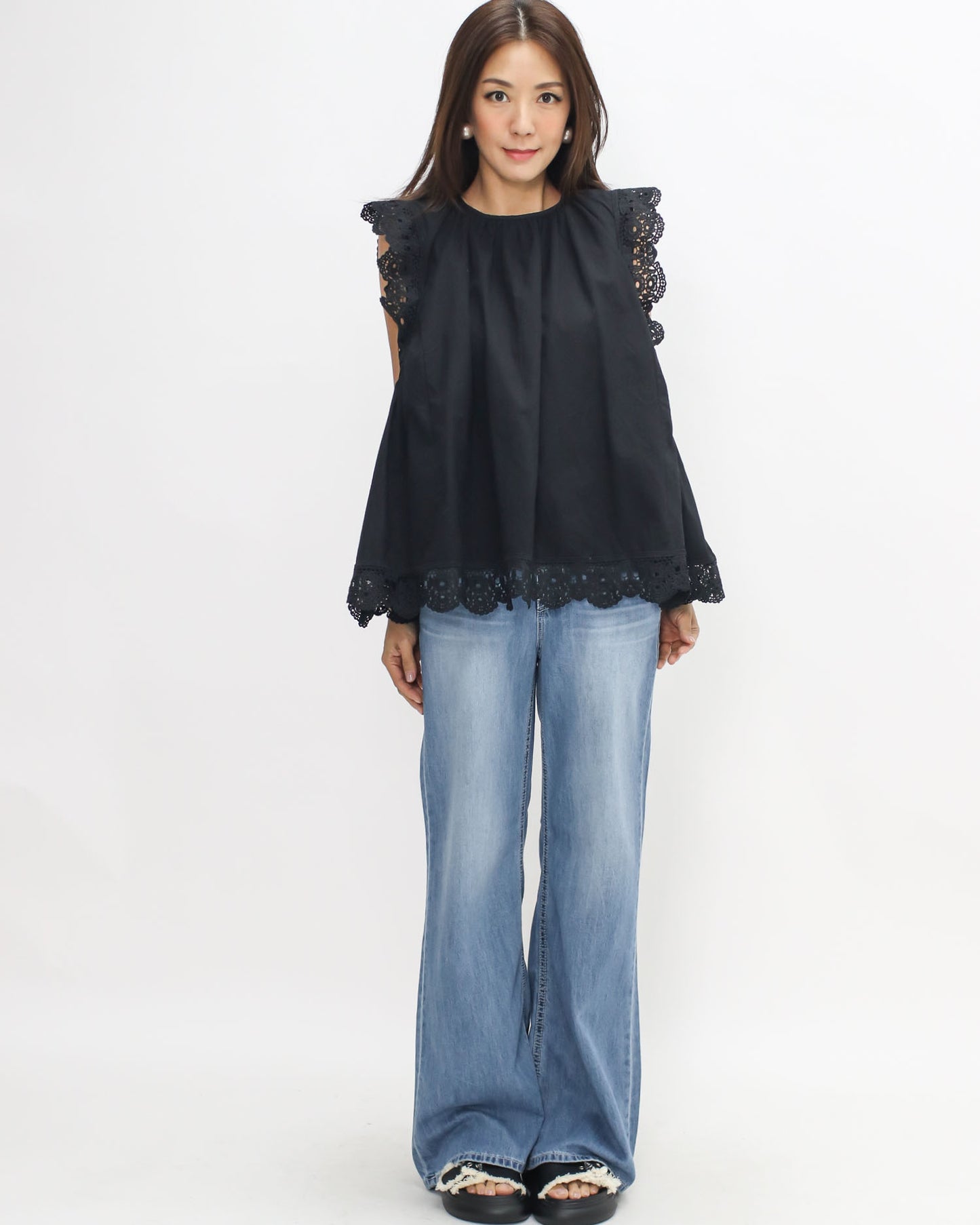 black crochet trim flare shirt top *pre-order*