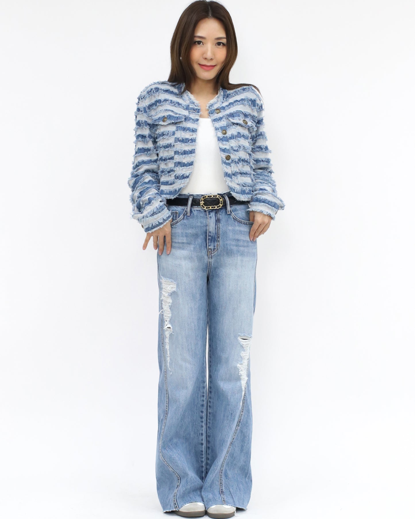 blue denim ripped stripes jacket