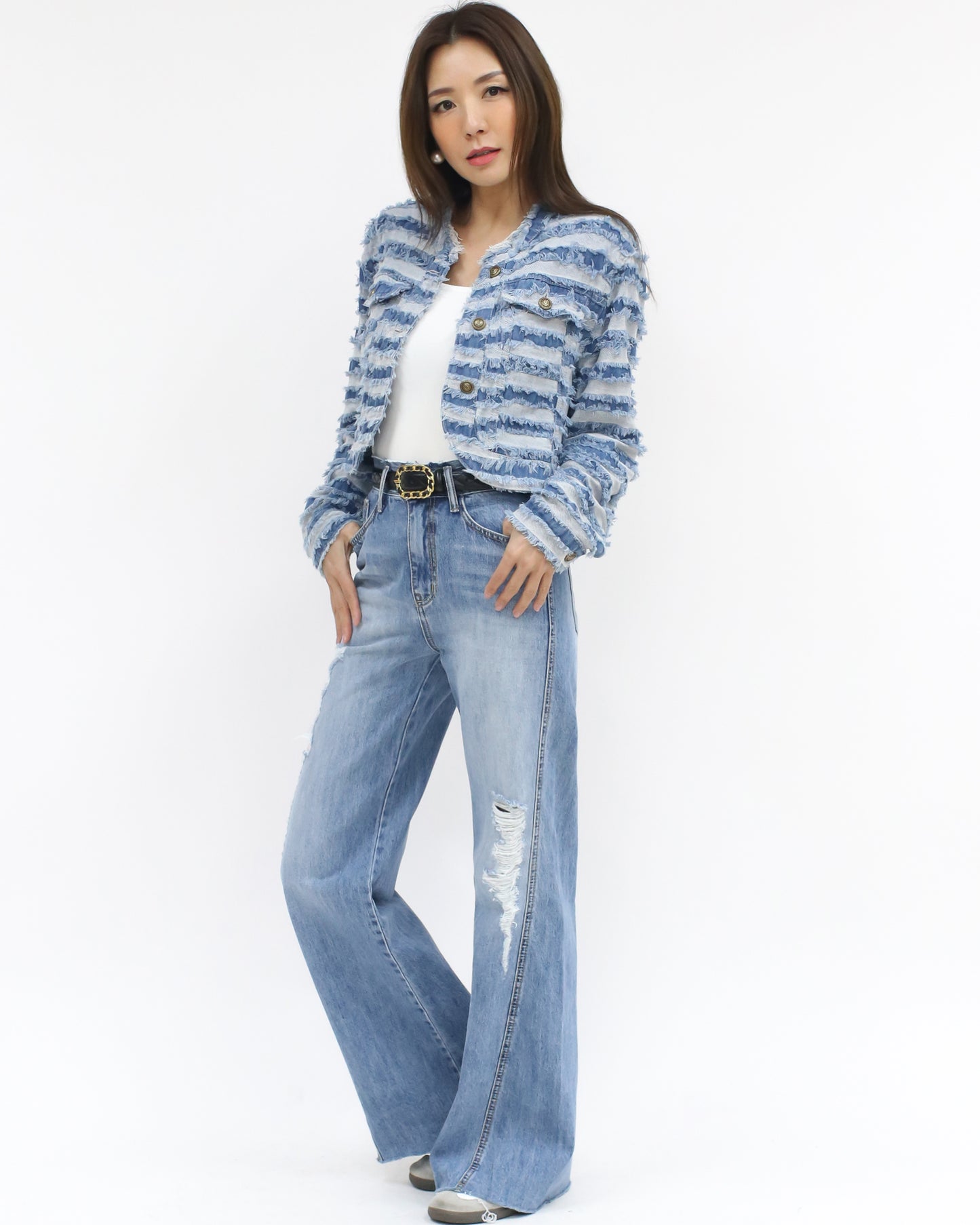 blue denim ripped stripes jacket