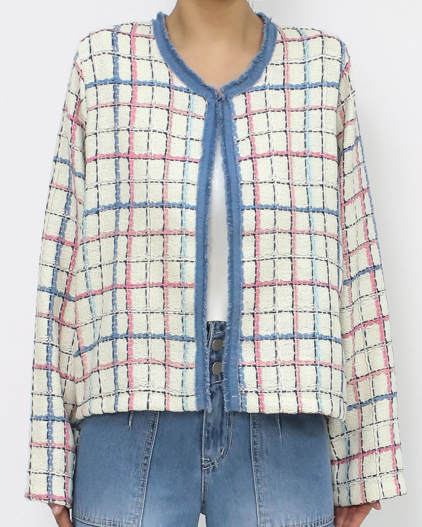 ivory w/ pink blue checkers & denim trim tweed jacket *pre-order*