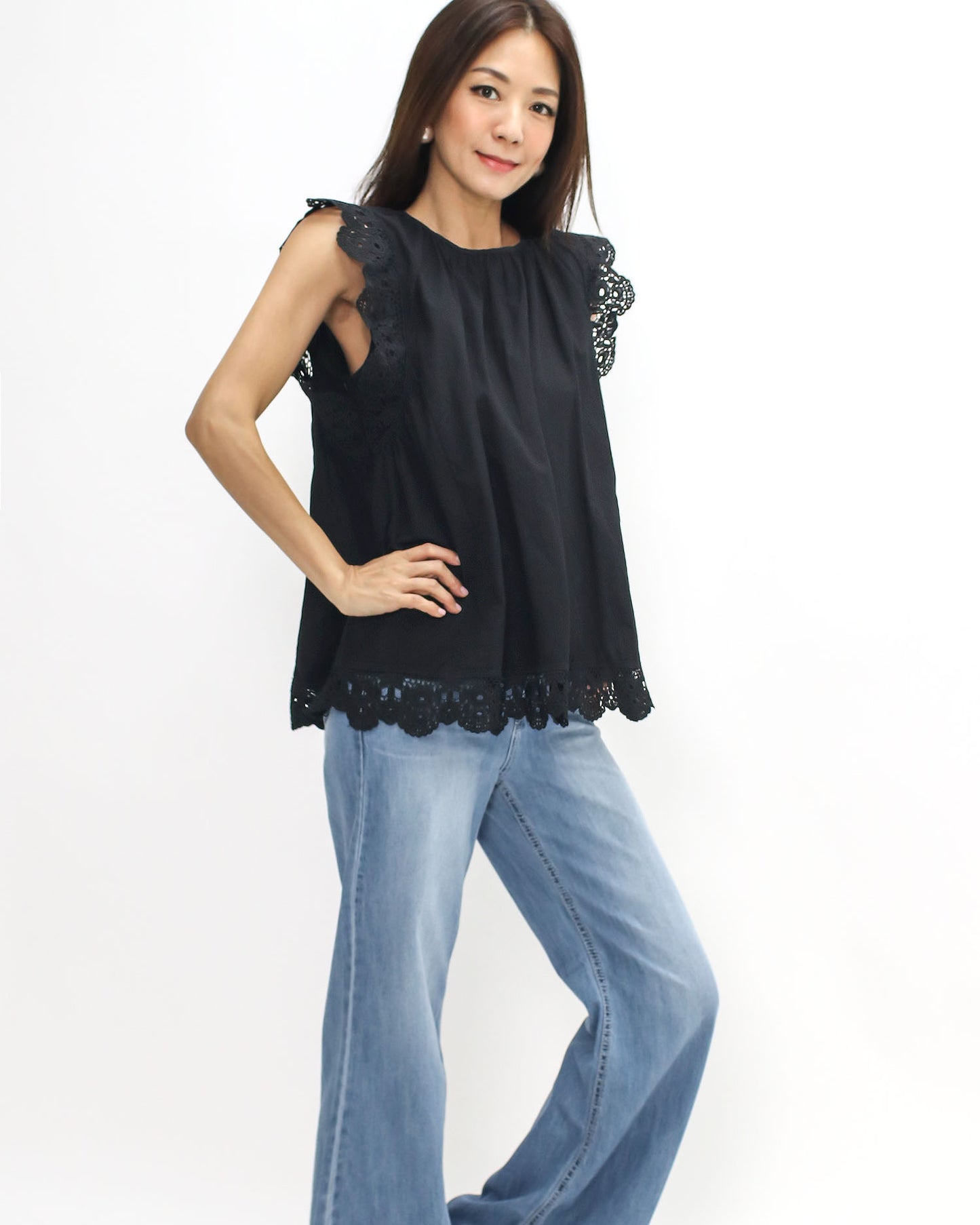 black crochet trim flare shirt top *pre-order*