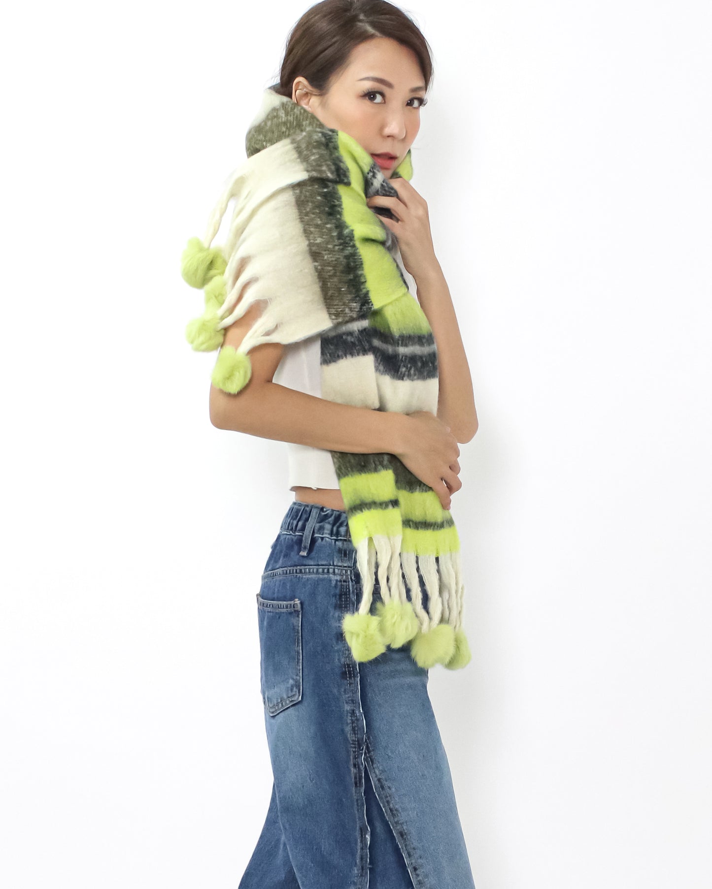 ivory & neon green w/ balls mohair knitted scarf *pre-order*