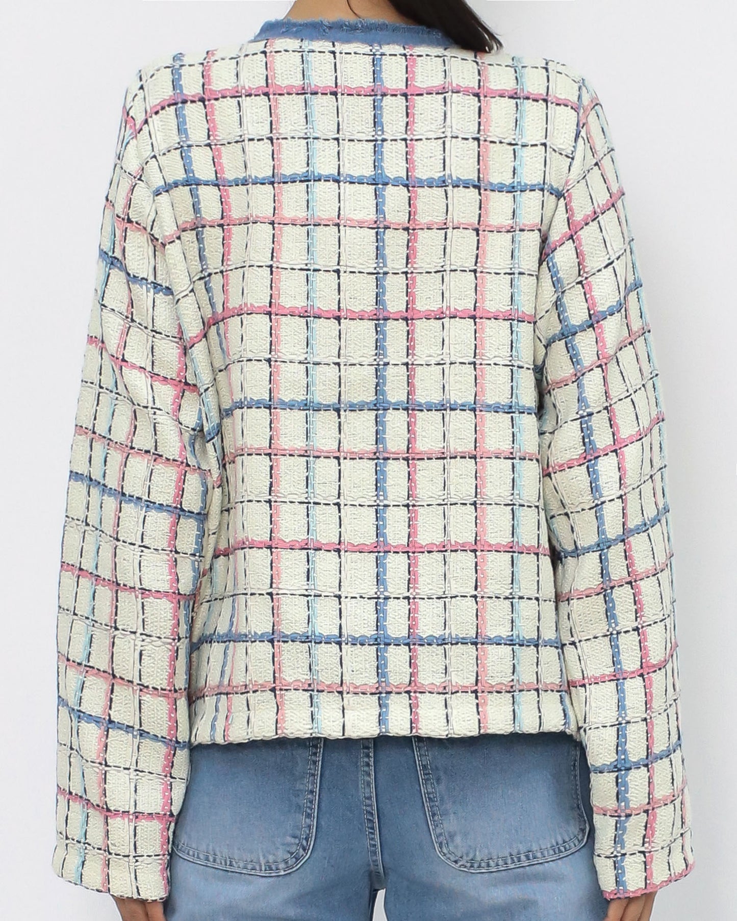 ivory w/ pink blue checkers & denim trim tweed jacket *pre-order*