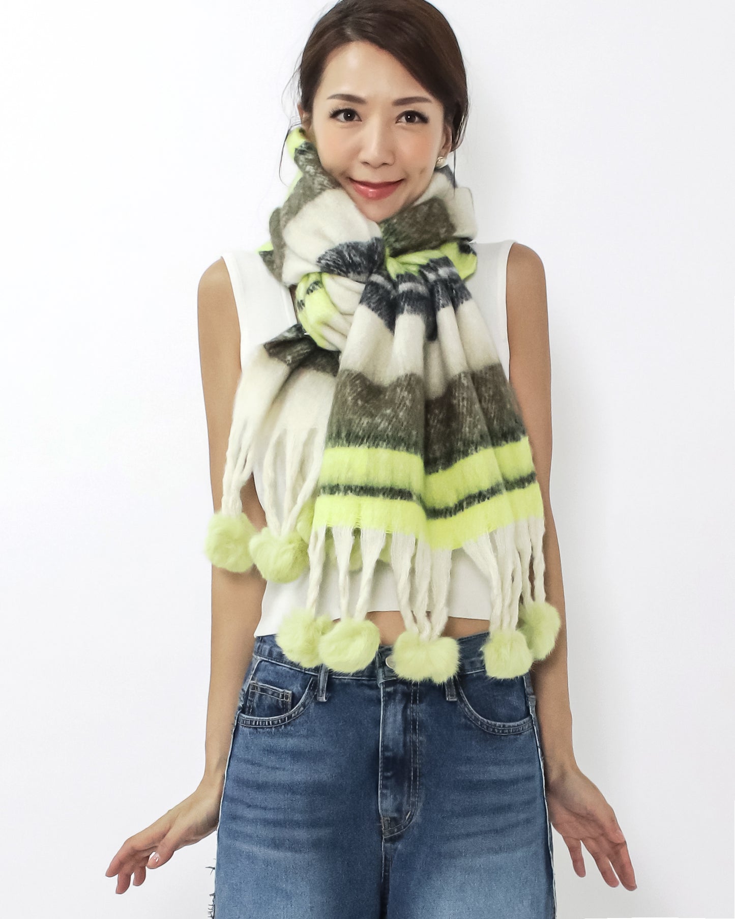 ivory & neon green w/ balls mohair knitted scarf *pre-order*