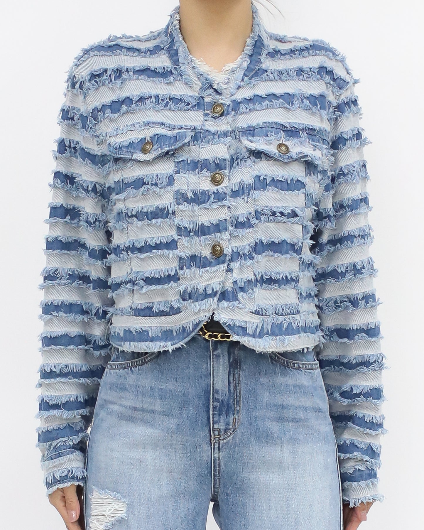 blue denim ripped stripes jacket