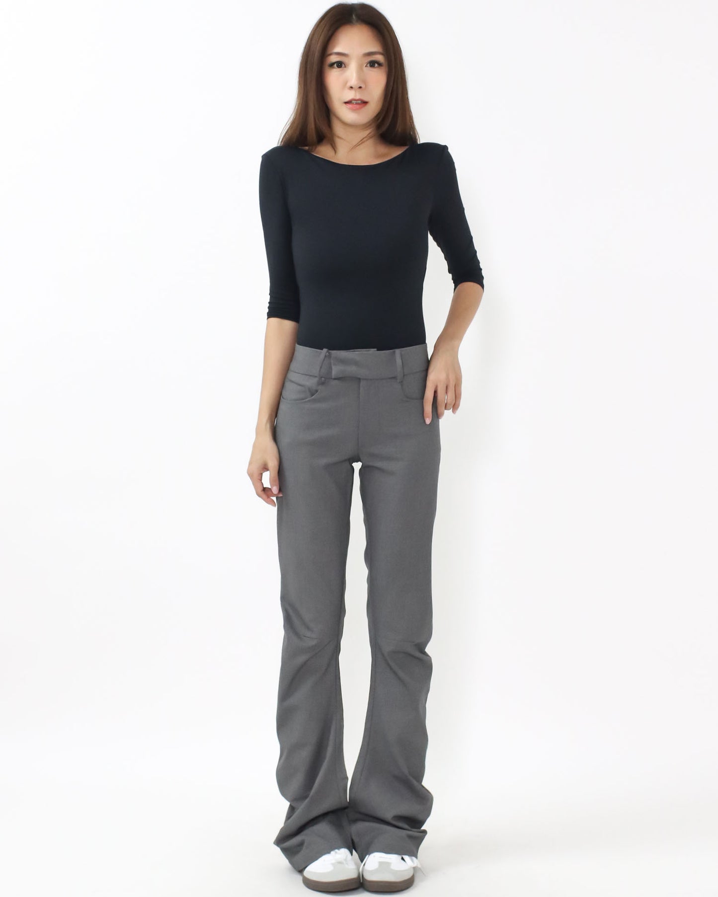 grey ruched slim low rise pants *pre-order*