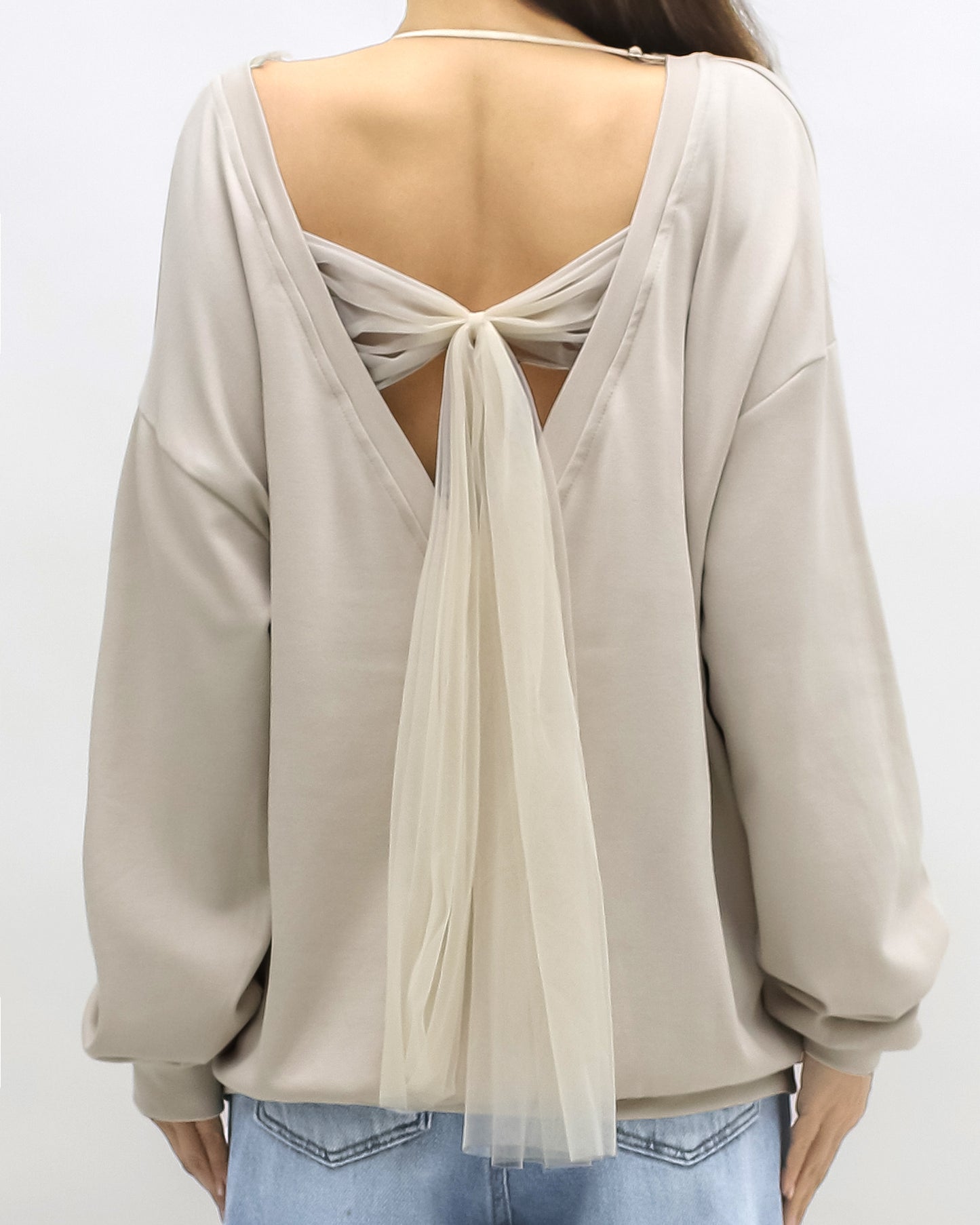 beige w/ mesh bow back soft sweatshirt