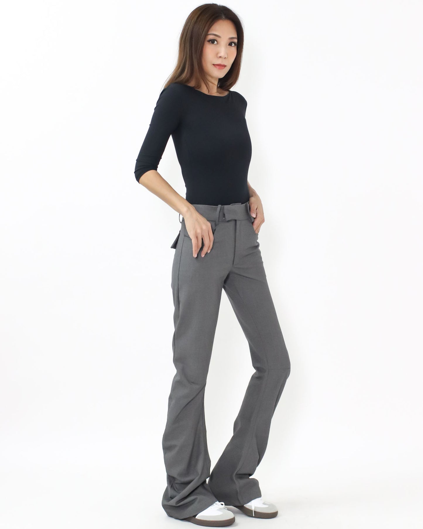 grey ruched slim low rise pants *pre-order*