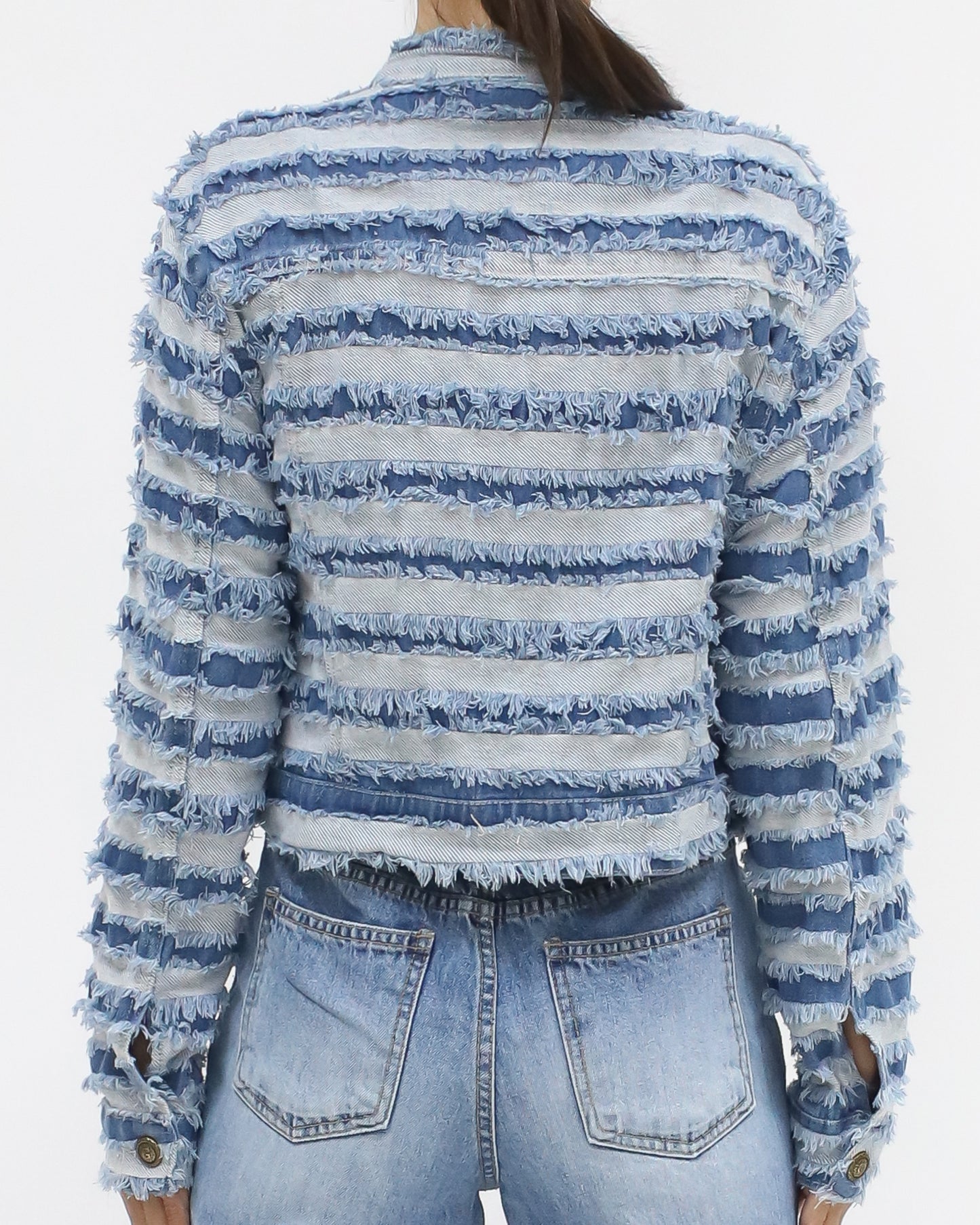 blue denim ripped stripes jacket