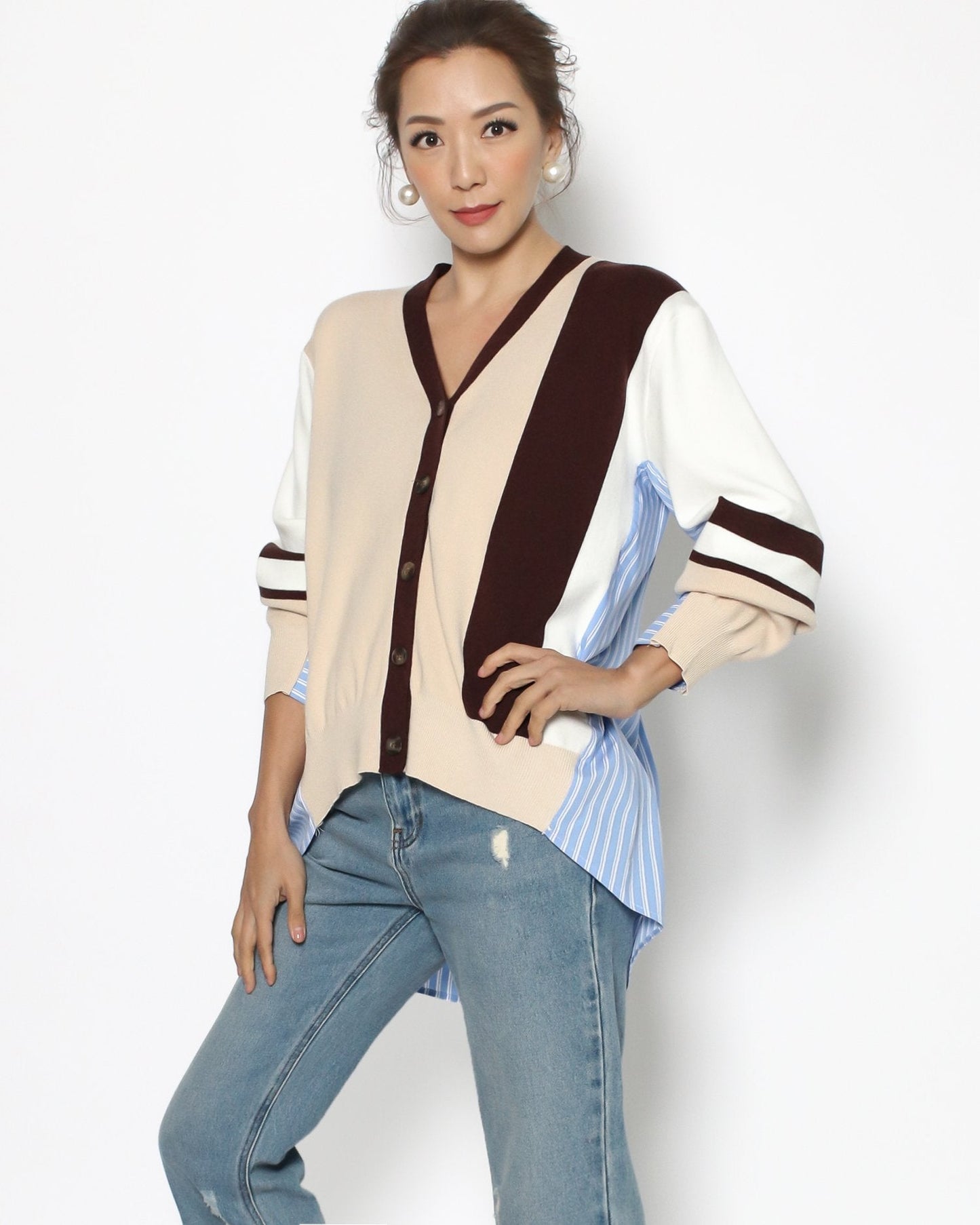 nude brown & ivory with blue shirt stripes knitted cardigan