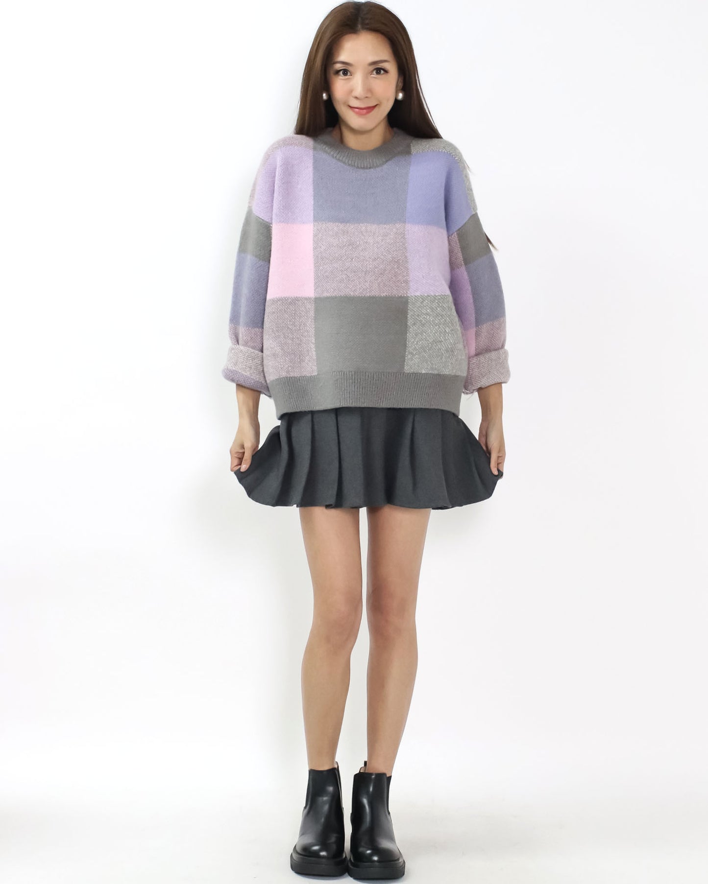 grey w/ pink purple checkers knitted top *pre-order*