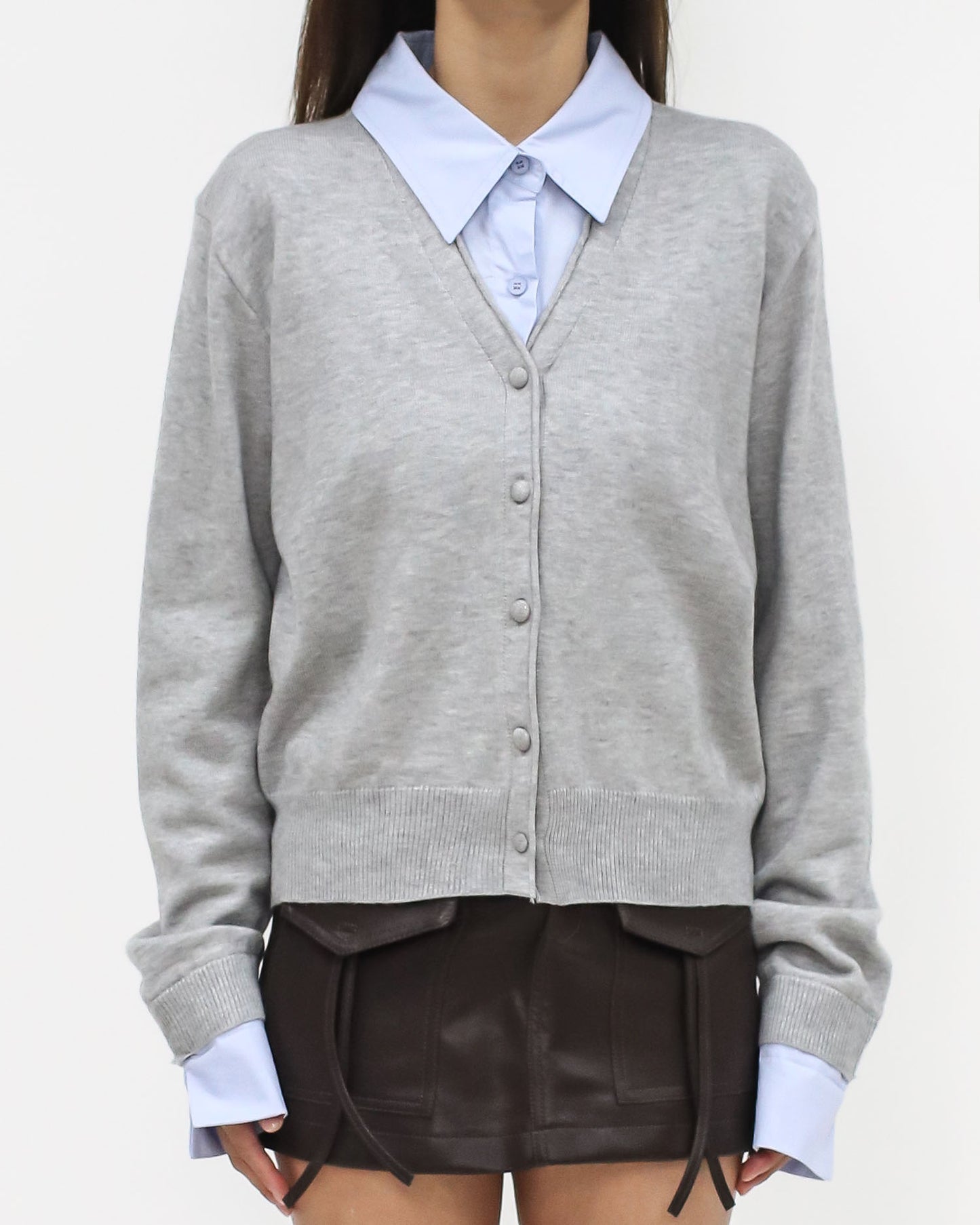 grey knitted & blue shirt collar cuffs cardigan *pre-order*