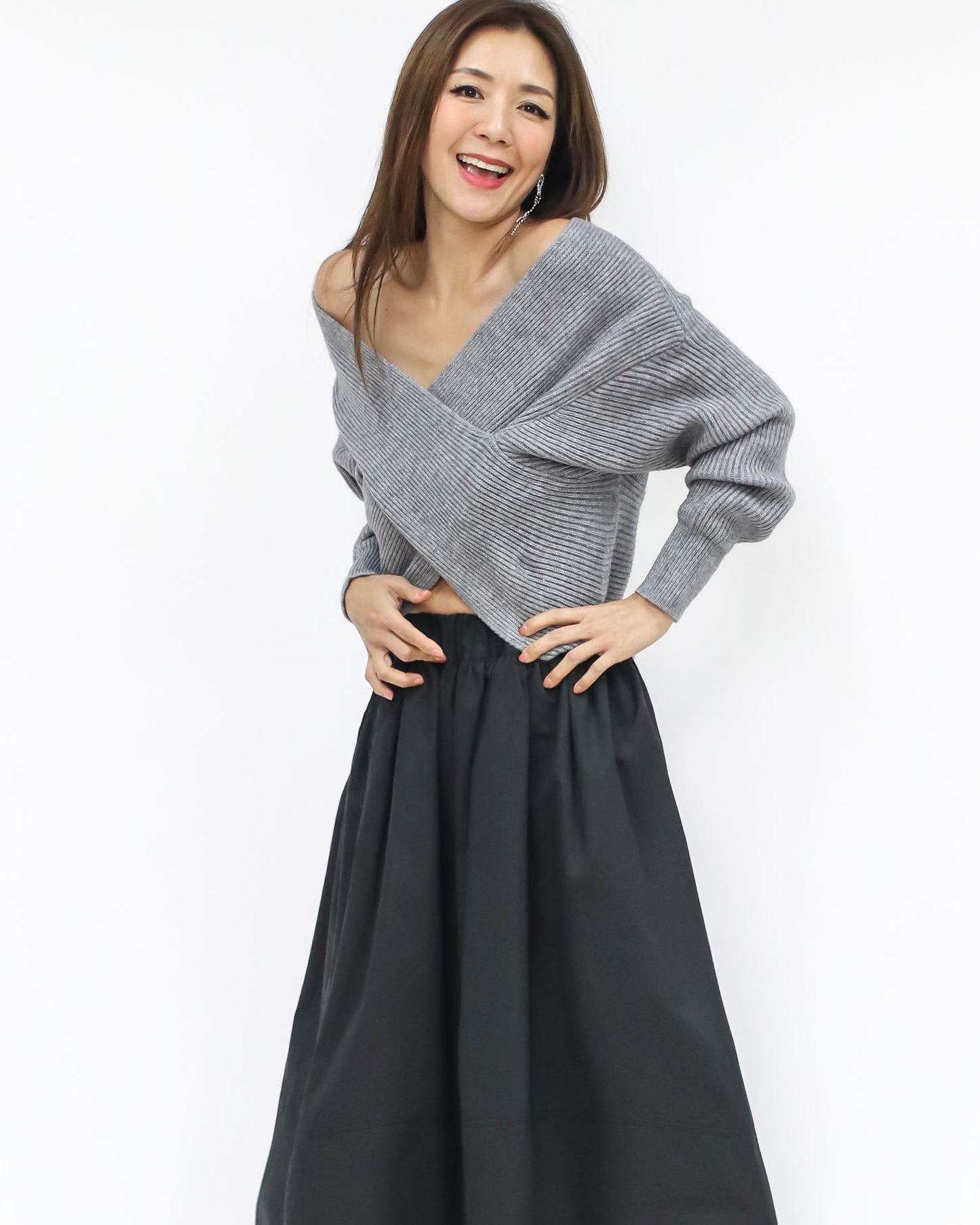 grey wrap front knitted cropped top