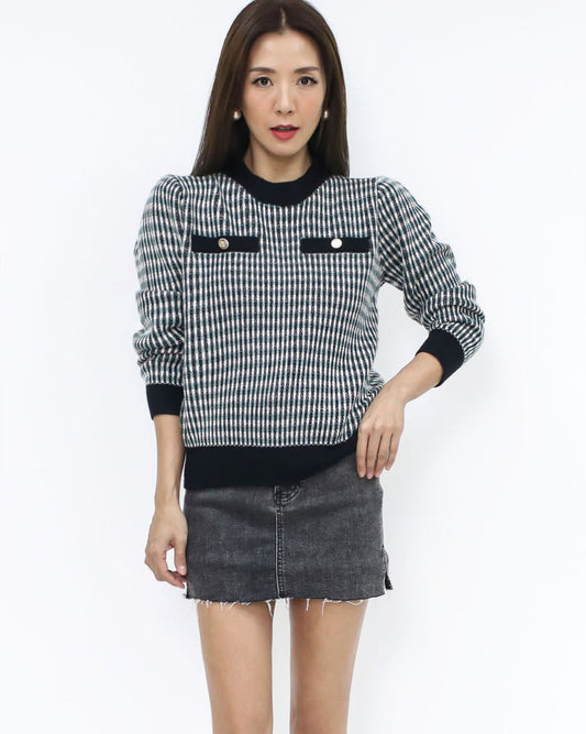 black ivory & green checkers knitted top