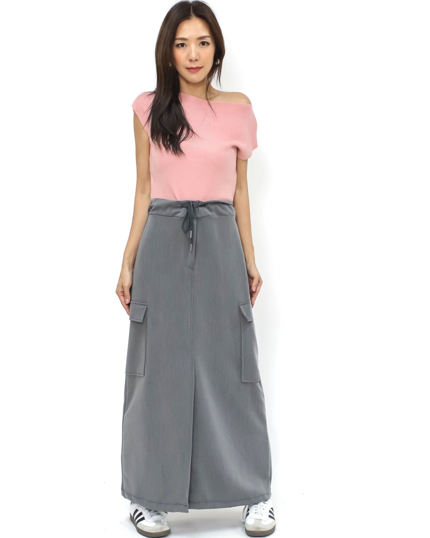 grey pockets split front longline skirt