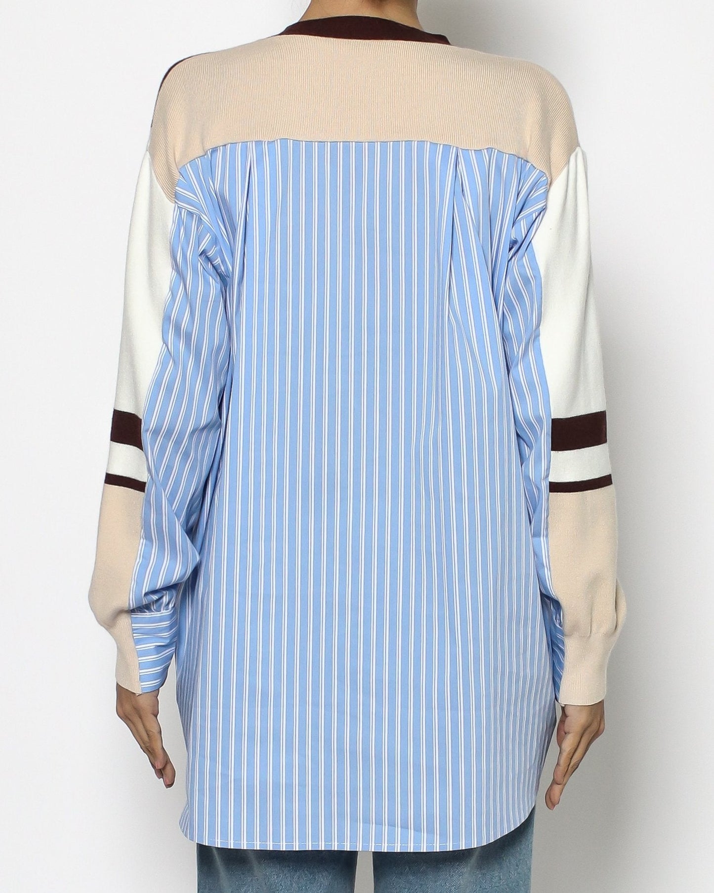 nude brown & ivory with blue shirt stripes knitted cardigan