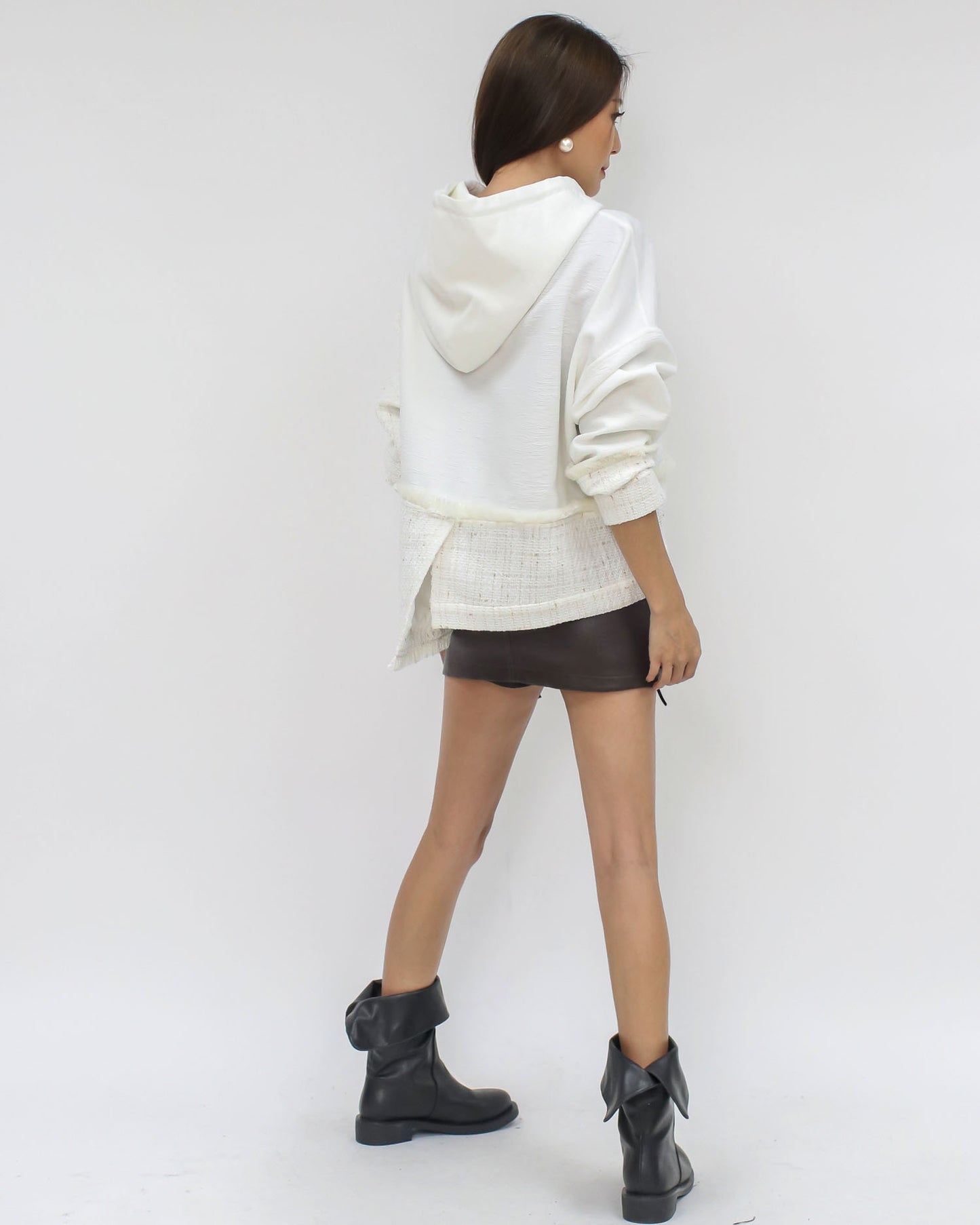 ivory texture w/ tweed contrast hoodie sweatshirt *pre-order*