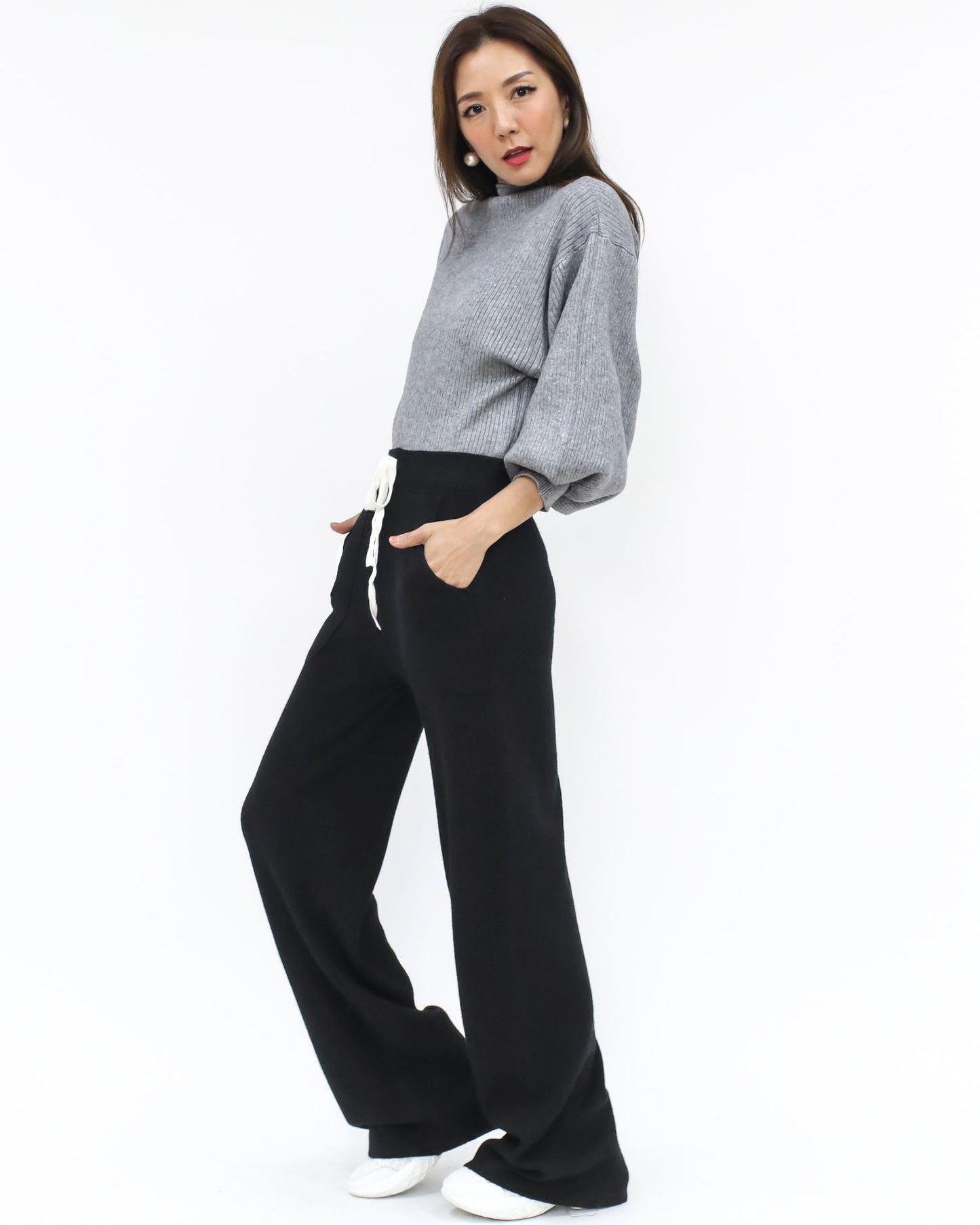 black knitted drawstring straight legs knitted pants *pre-order*