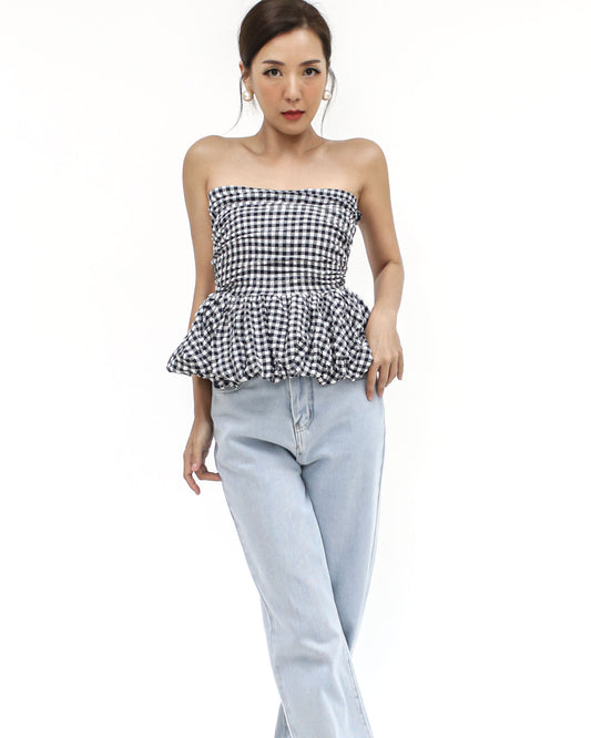 black & ivory checkers flare ruched tube top *pre-order*
