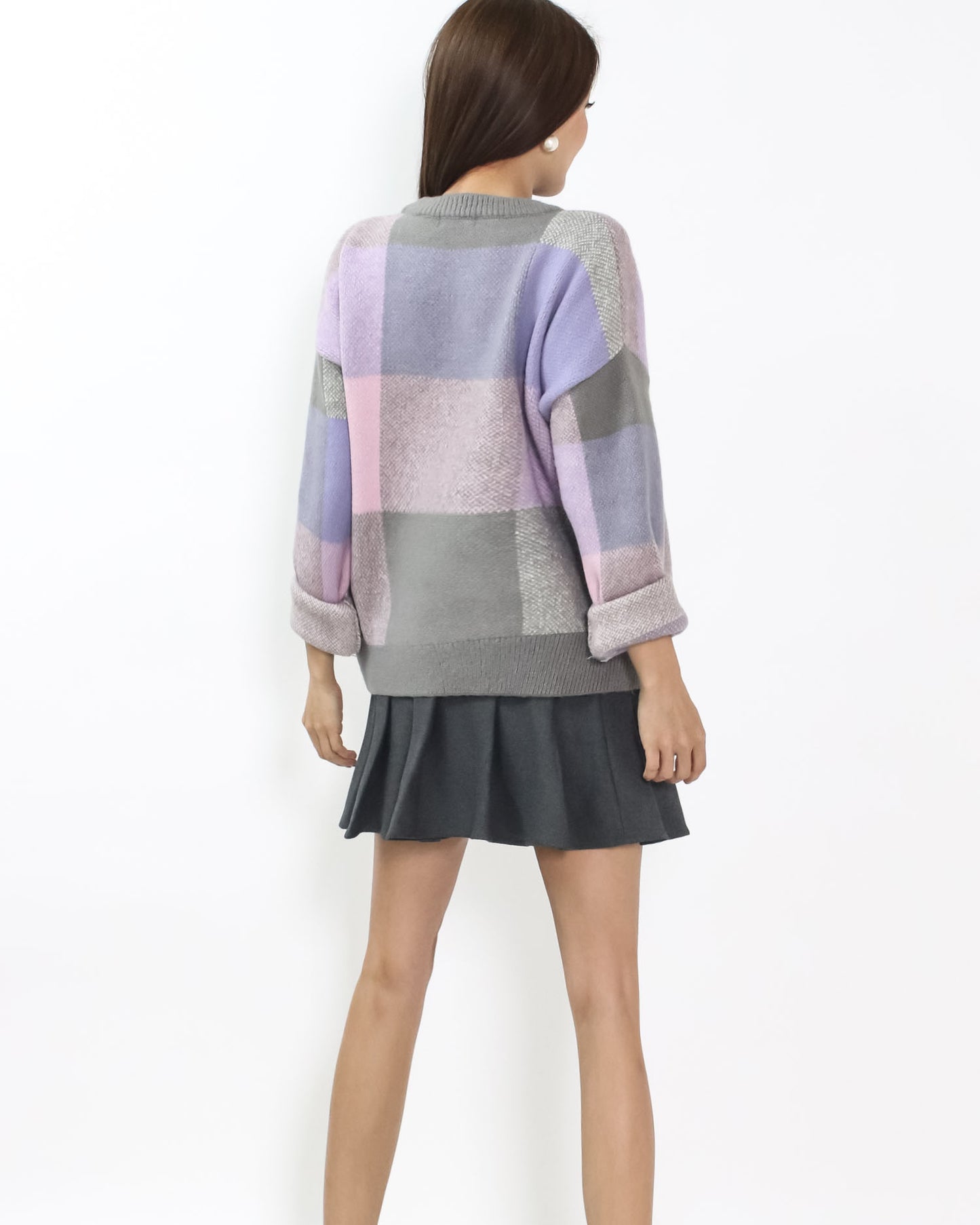 grey w/ pink purple checkers knitted top *pre-order*