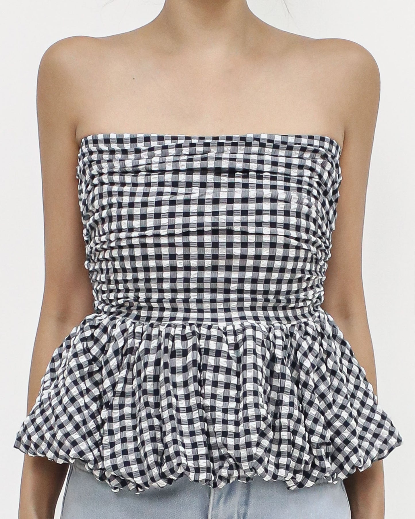 black & ivory checkers flare ruched tube top *pre-order*