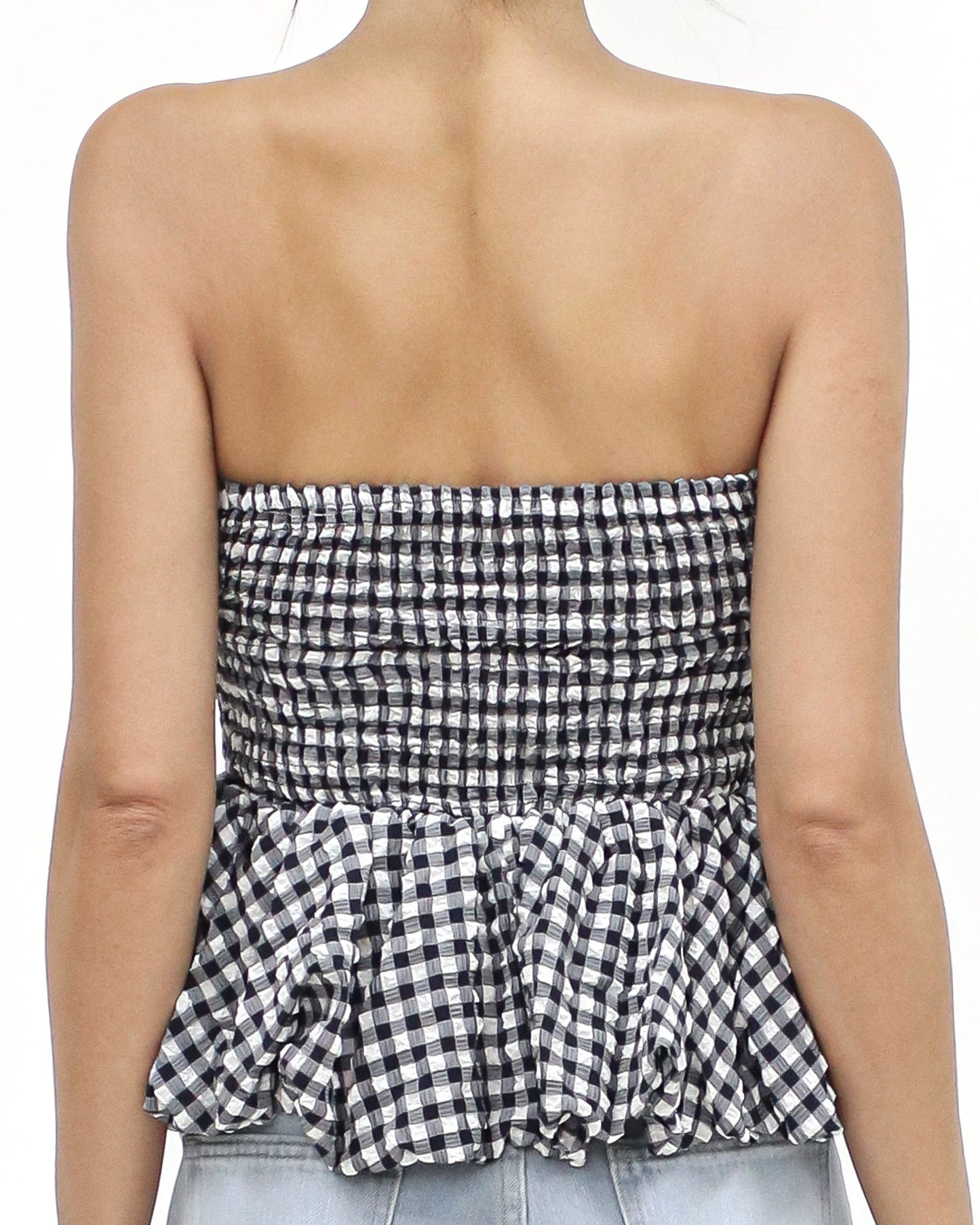 black & ivory checkers flare ruched tube top *pre-order*