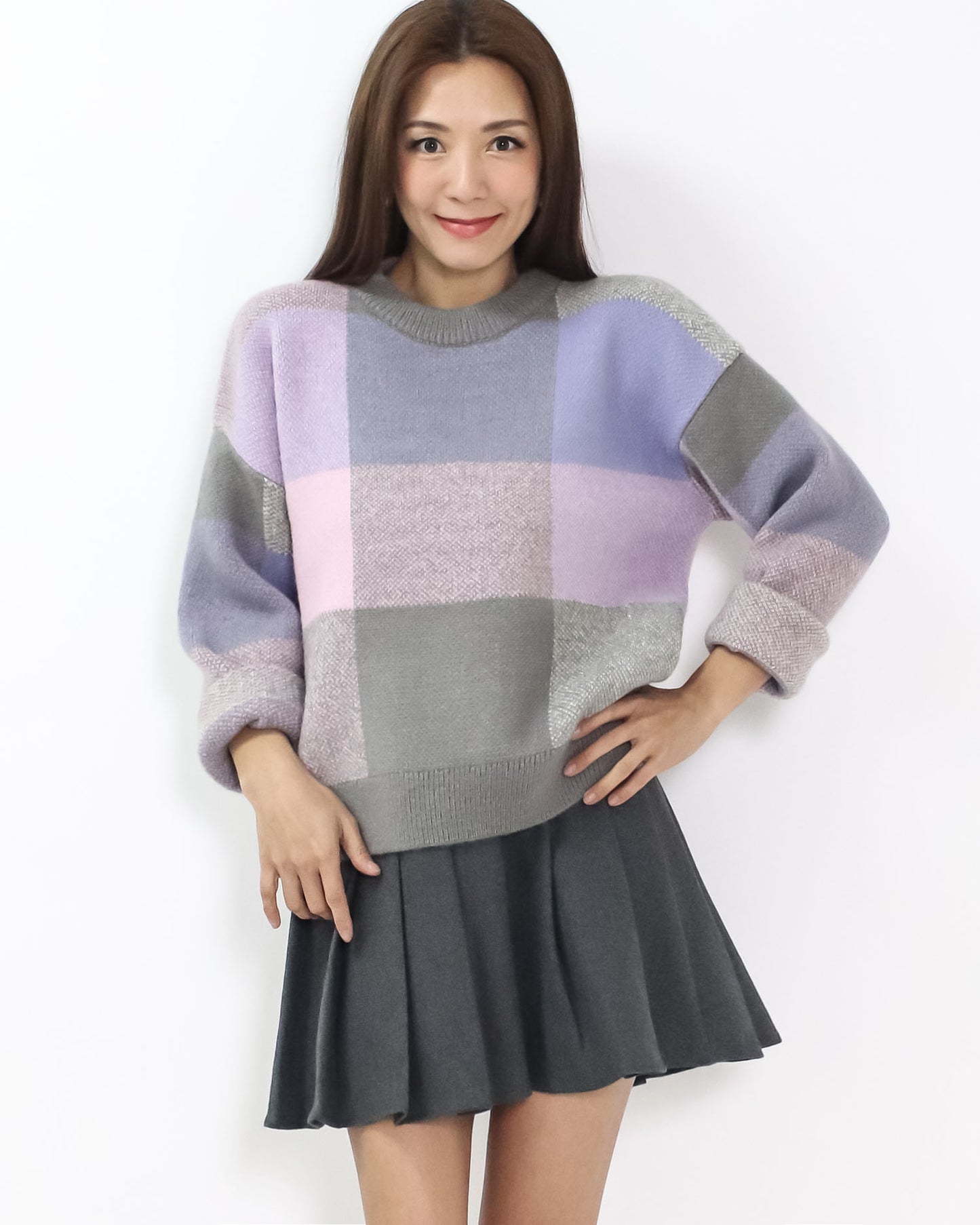 grey w/ pink purple checkers knitted top *pre-order*