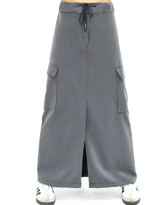 grey pockets split front longline skirt
