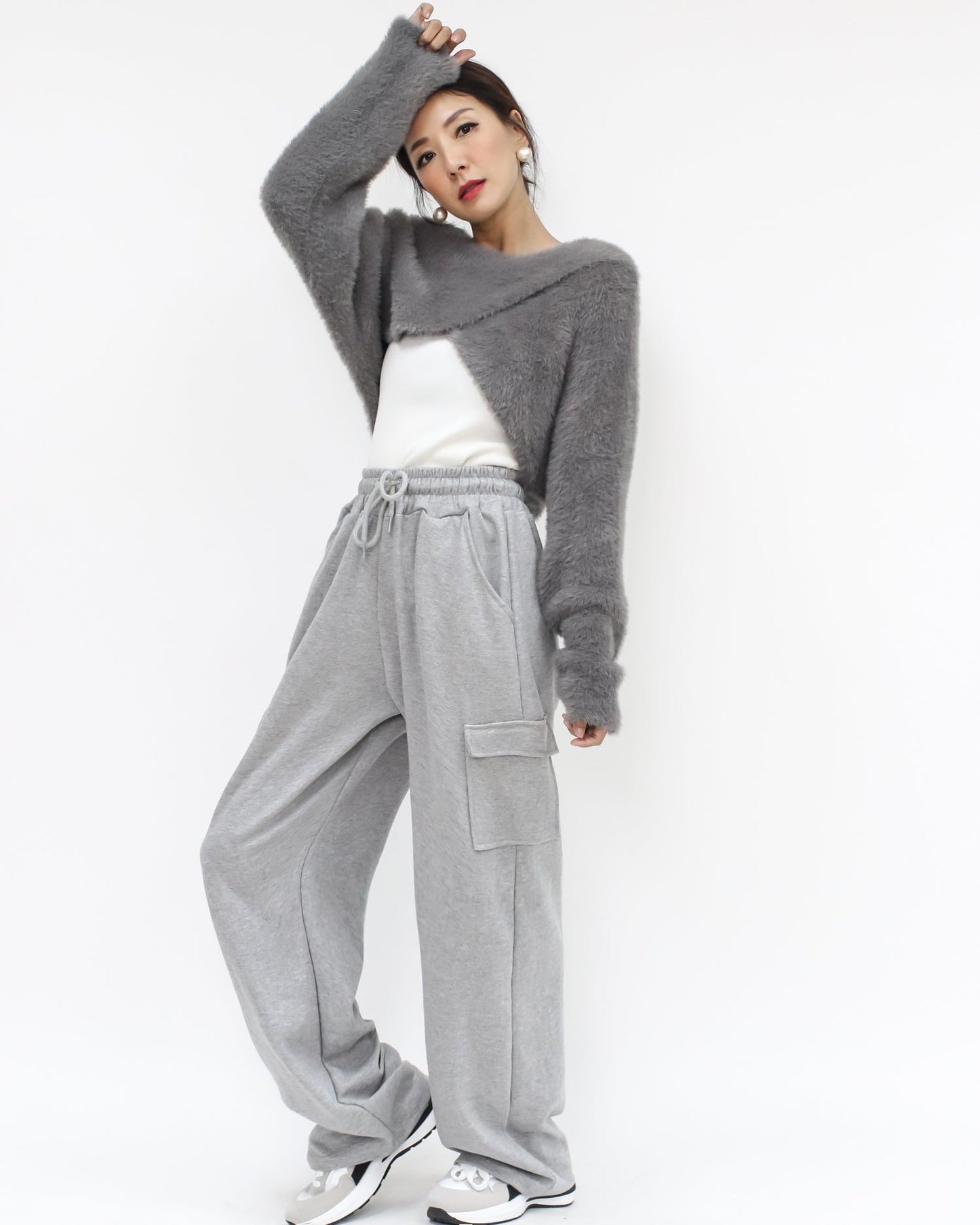 Grey cami & arm warmer fluffy knitted top set