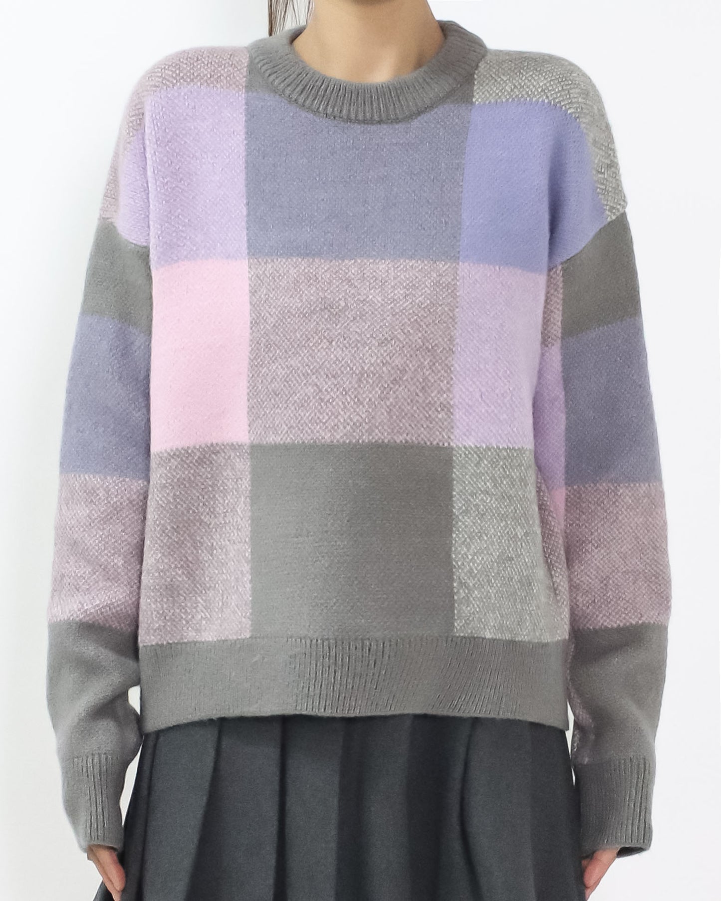 grey w/ pink purple checkers knitted top *pre-order*