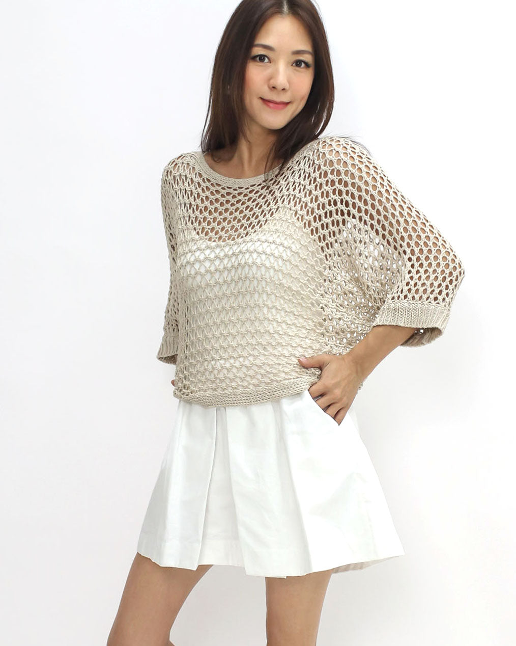 beige cage fine knitted batwing top