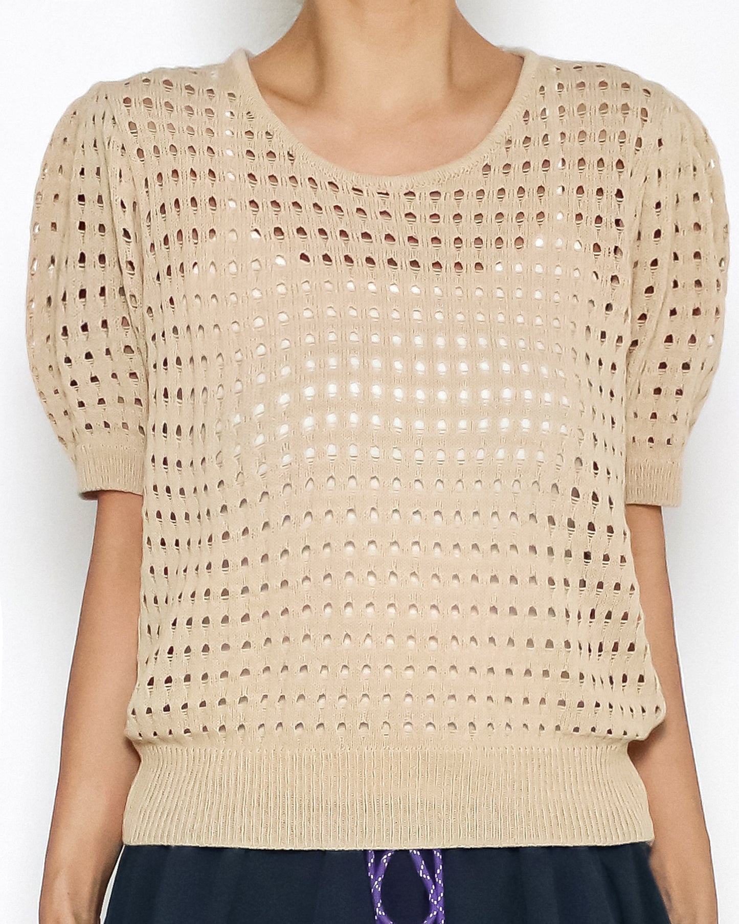 Beige cage fine knitted puff sleeves top