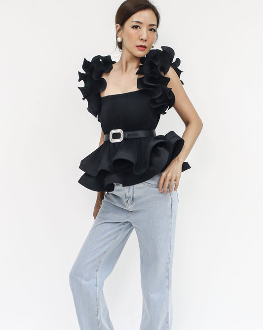 black pleats ruffles top *pre-order*